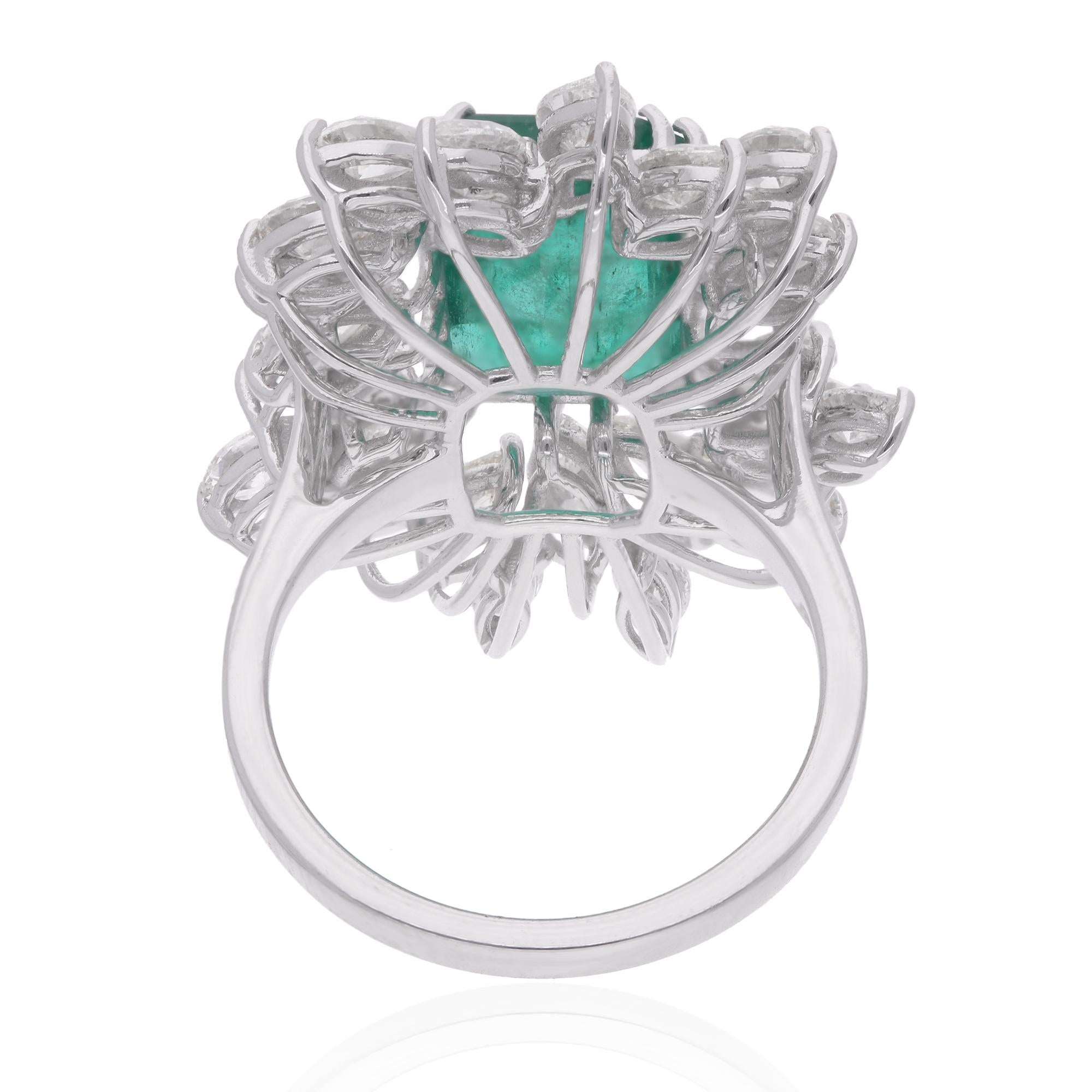 Modern Real Zambian Emerald Gemstone Cocktail Ring Marquise Diamond 14 Karat White Gold For Sale