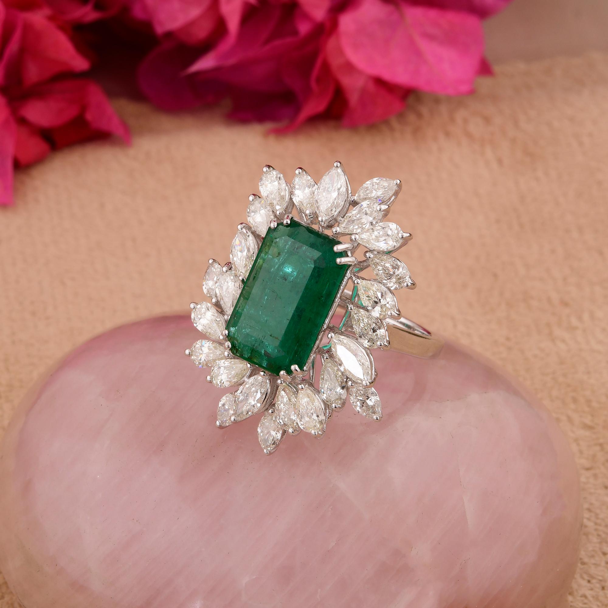 Marquise Cut Real Zambian Emerald Gemstone Cocktail Ring Marquise Diamond 14 Karat White Gold For Sale