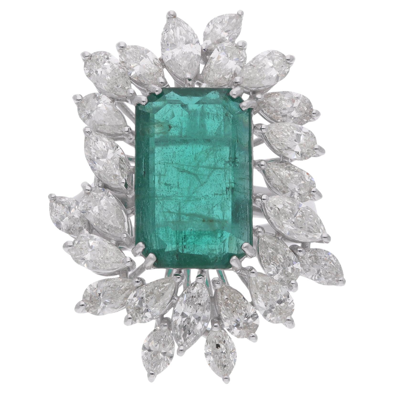 Real Zambian Emerald Gemstone Cocktail Ring Marquise Diamond 14 Karat White Gold