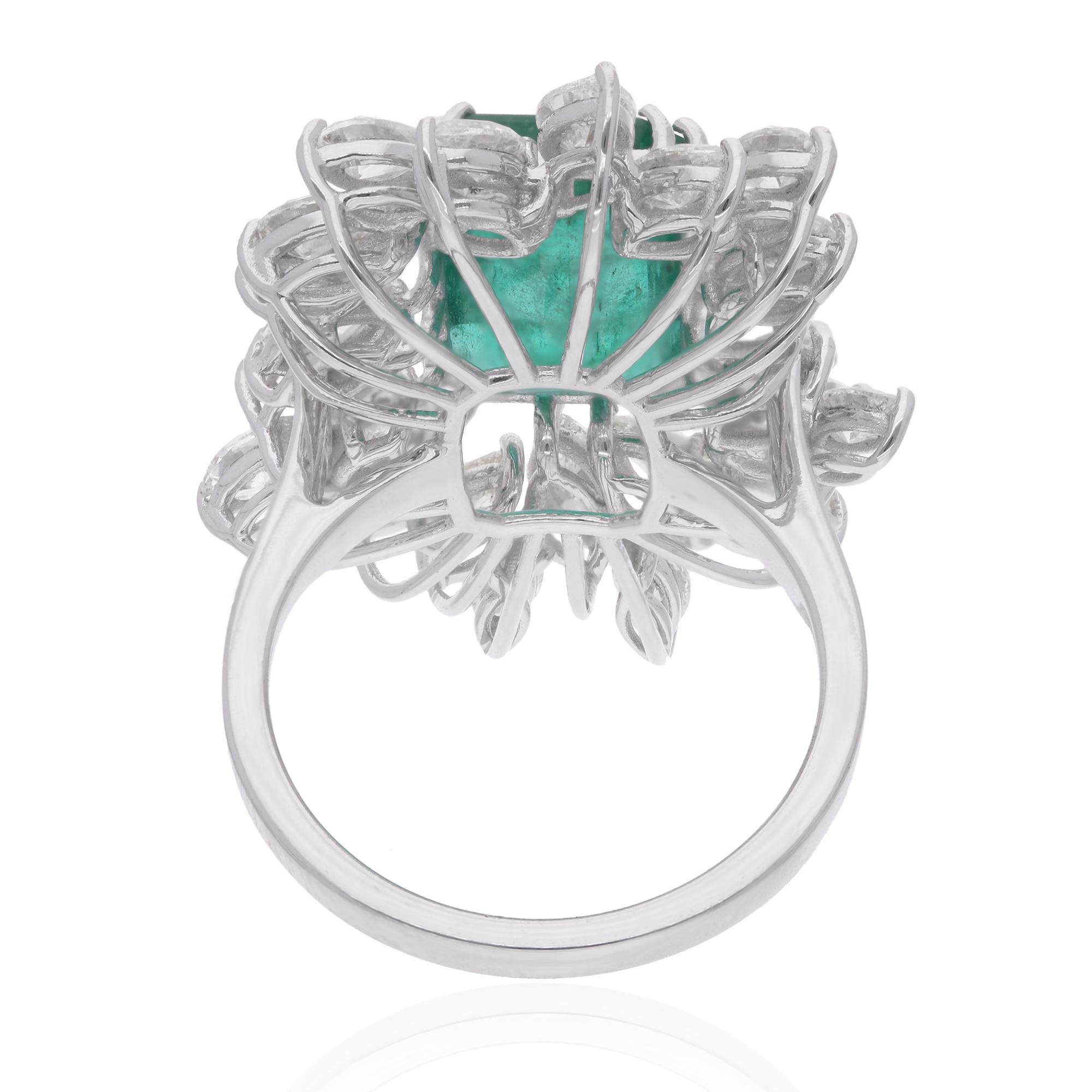 Modern Real Zambian Emerald Gemstone Cocktail Ring Marquise Diamond 18 Karat White Gold For Sale