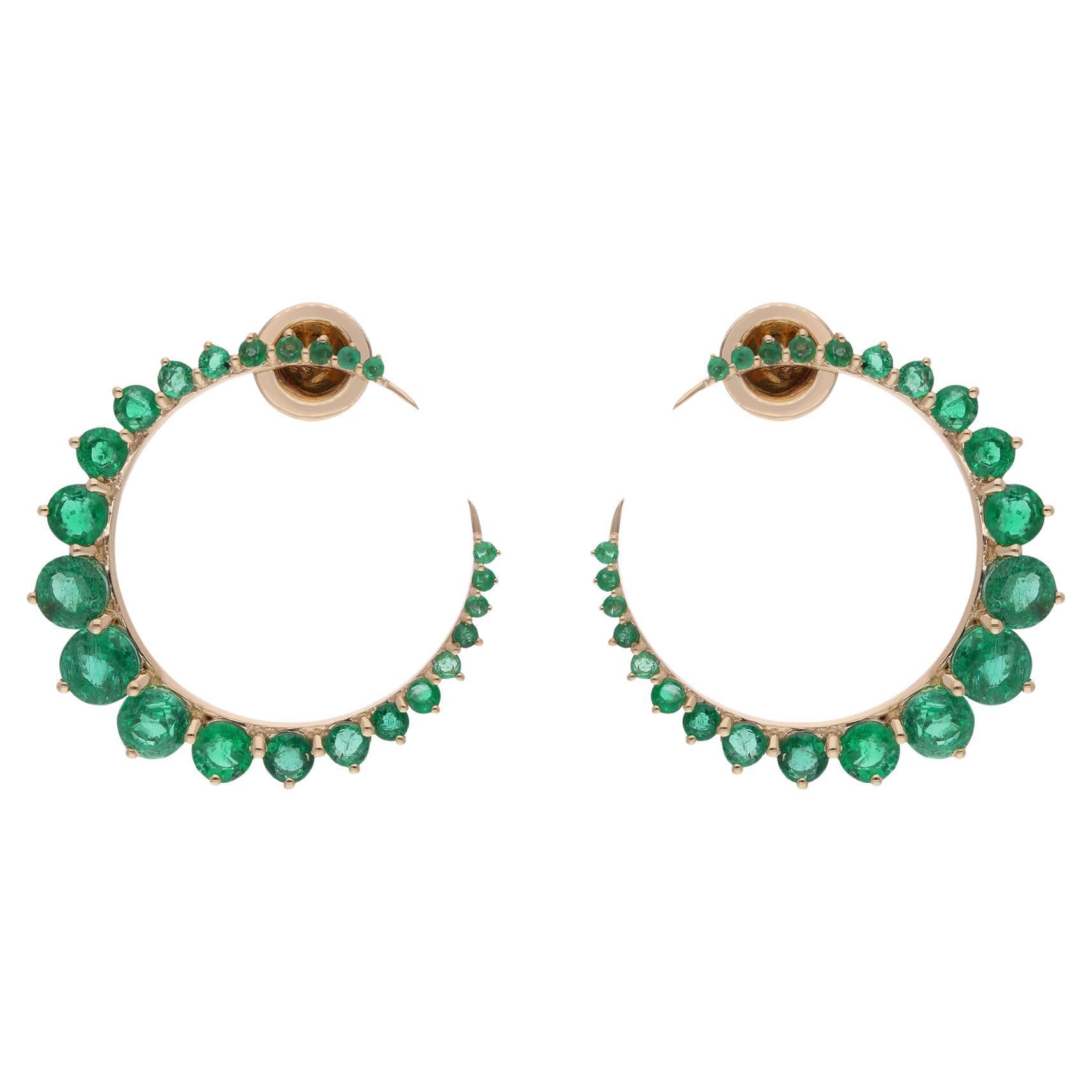 Real Zambian Emerald Gemstone Crescent Moon Earrings 14 Karat Solid Yellow Gold For Sale