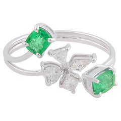 Used Natural Emerald Gemstone Diamond Designer Ring 18k White Gold Fine Jewelry