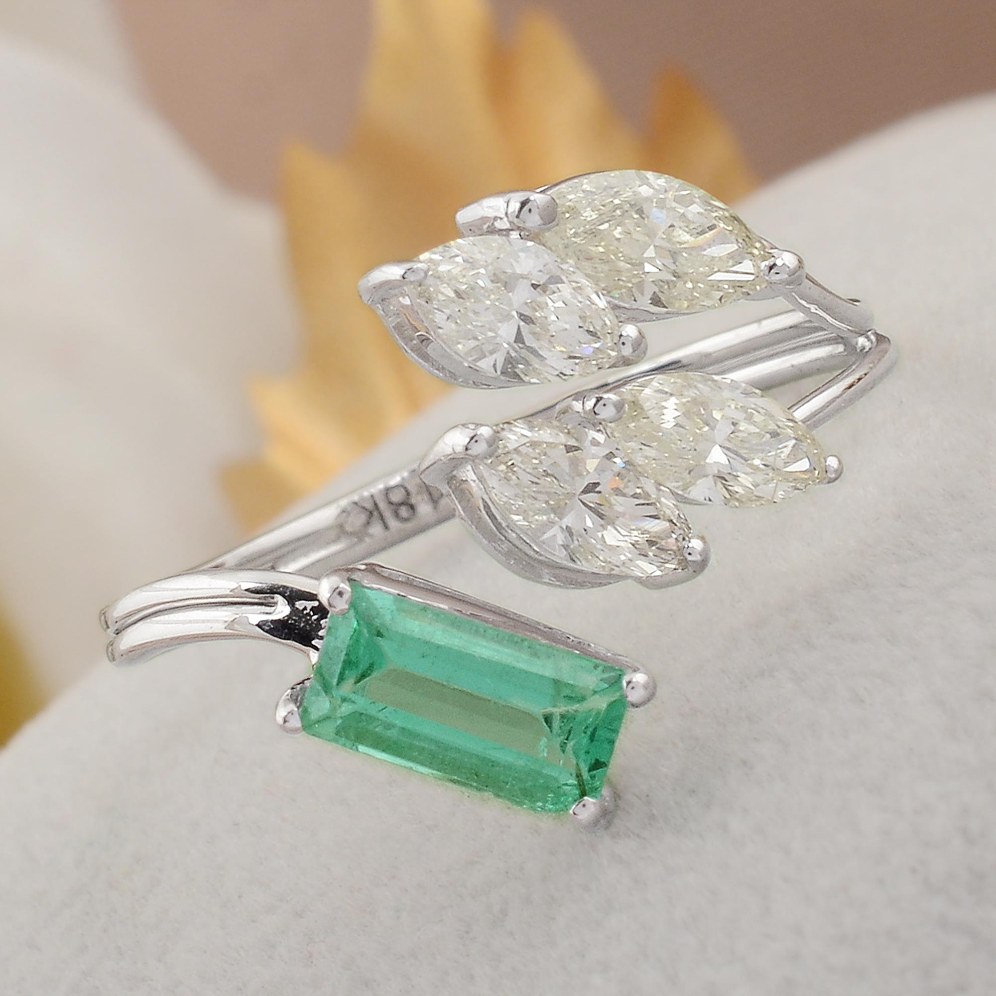 For Sale:  Natural Emerald Gemstone Diamond Leaf Cuff Ring 18k White Gold Fine Jewelry 4