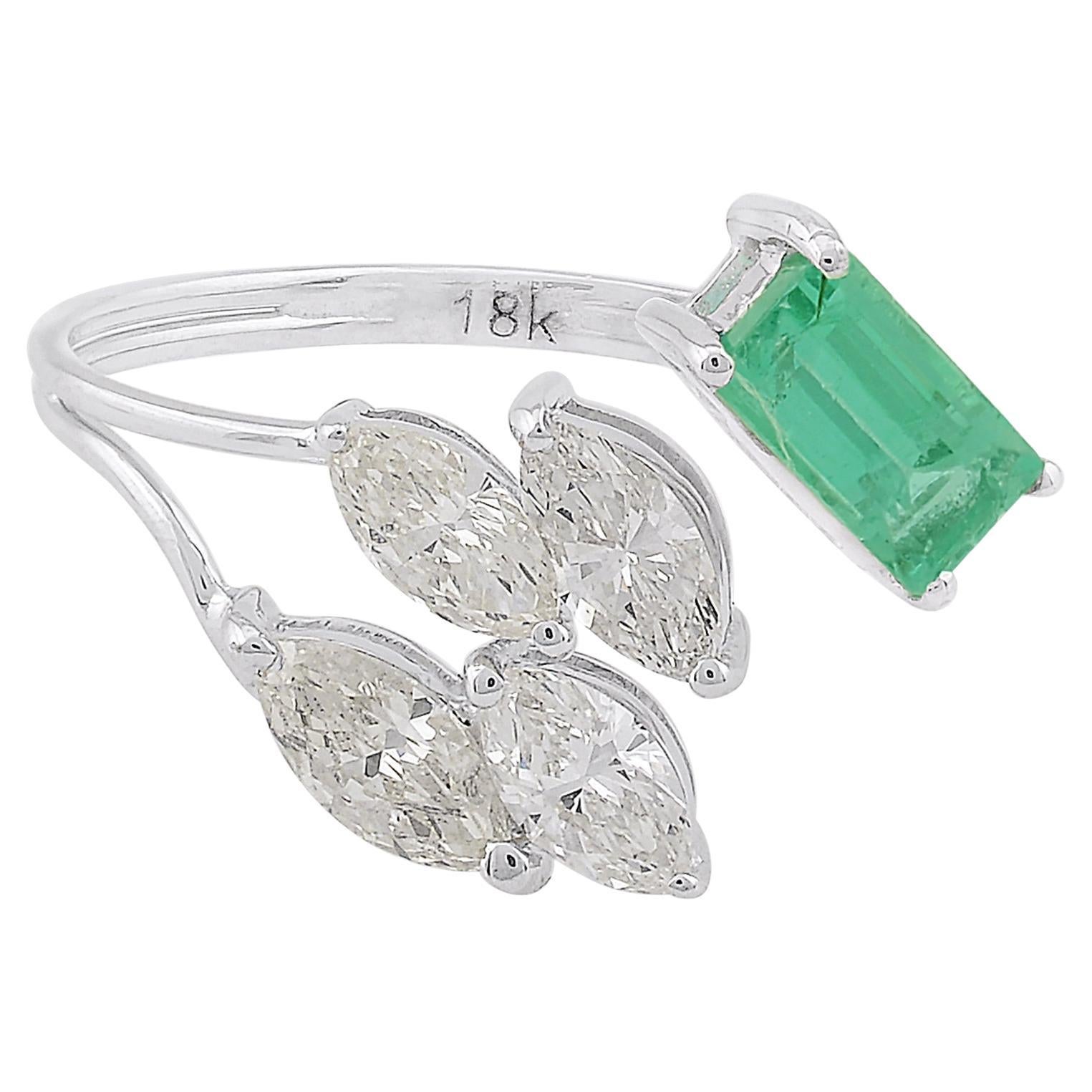 For Sale:  Natural Emerald Gemstone Diamond Leaf Cuff Ring 18k White Gold Fine Jewelry