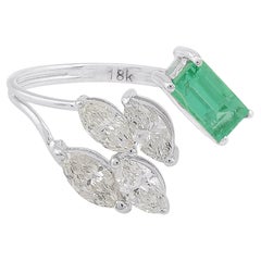Natural Emerald Gemstone Diamond Leaf Cuff Ring 18k White Gold Fine Jewelry