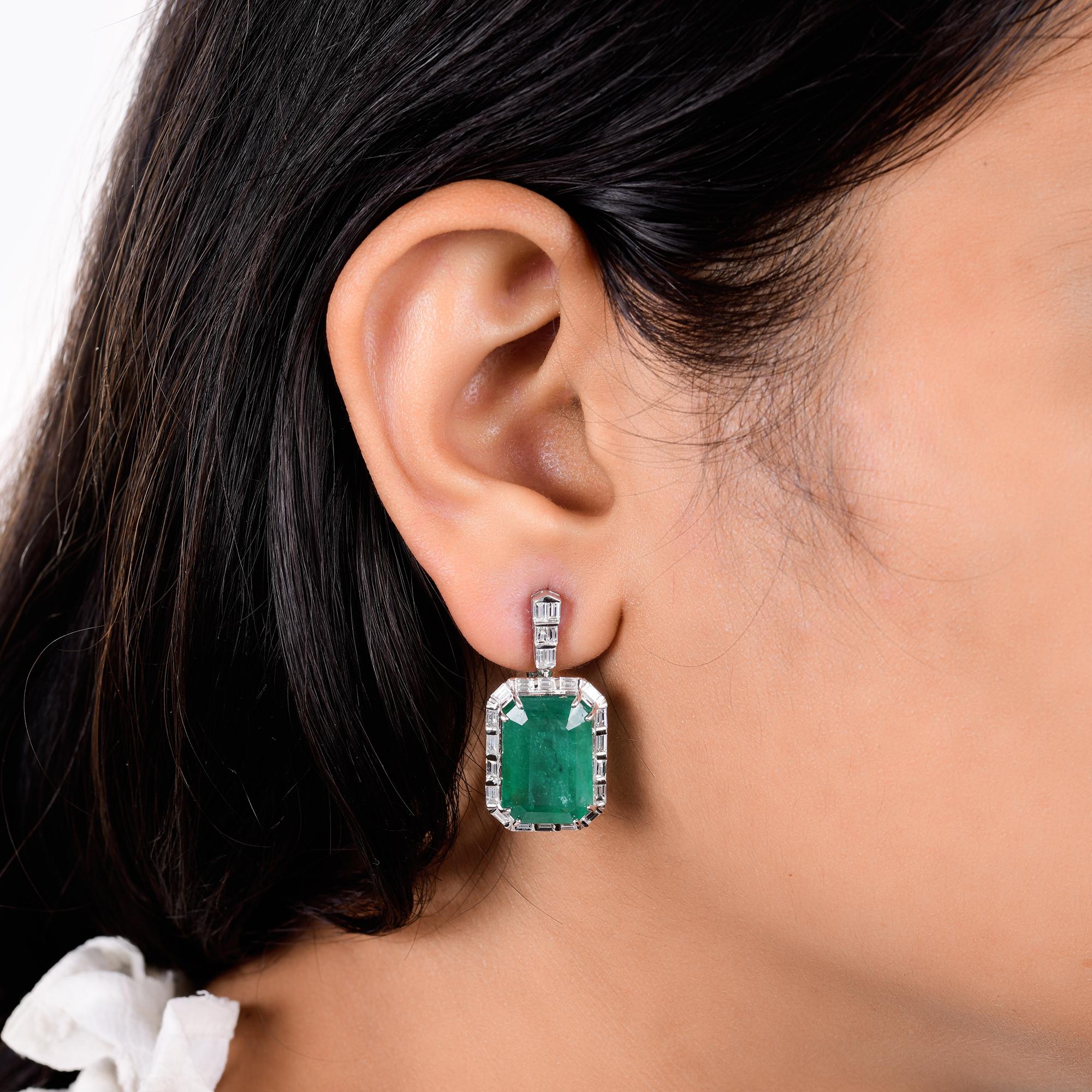 Modern Real Zambian Emerald Gemstone Earrings Diamond 14 Karat White Gold Fine Jewelry For Sale