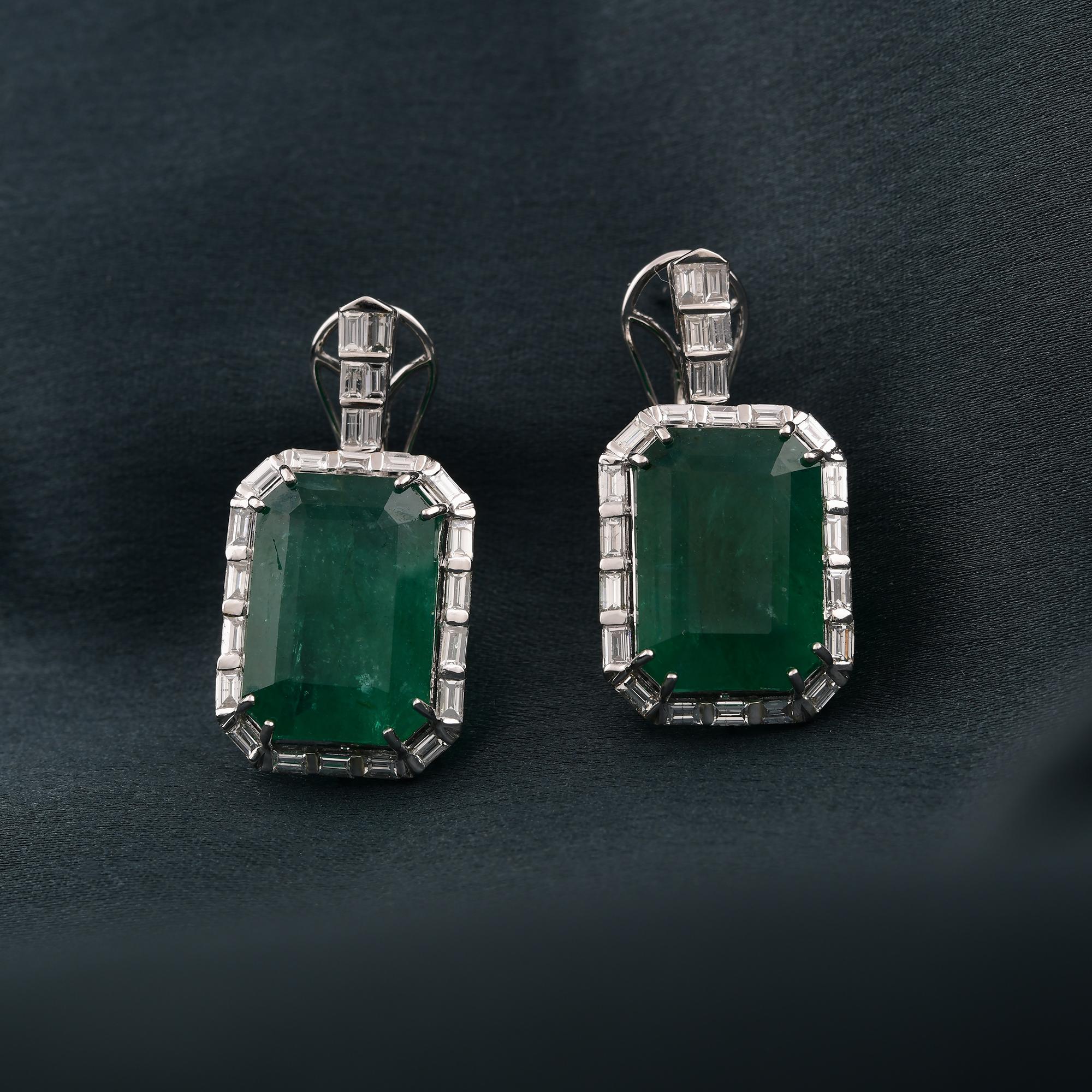 Emerald Cut Real Zambian Emerald Gemstone Earrings Diamond 14 Karat White Gold Fine Jewelry For Sale