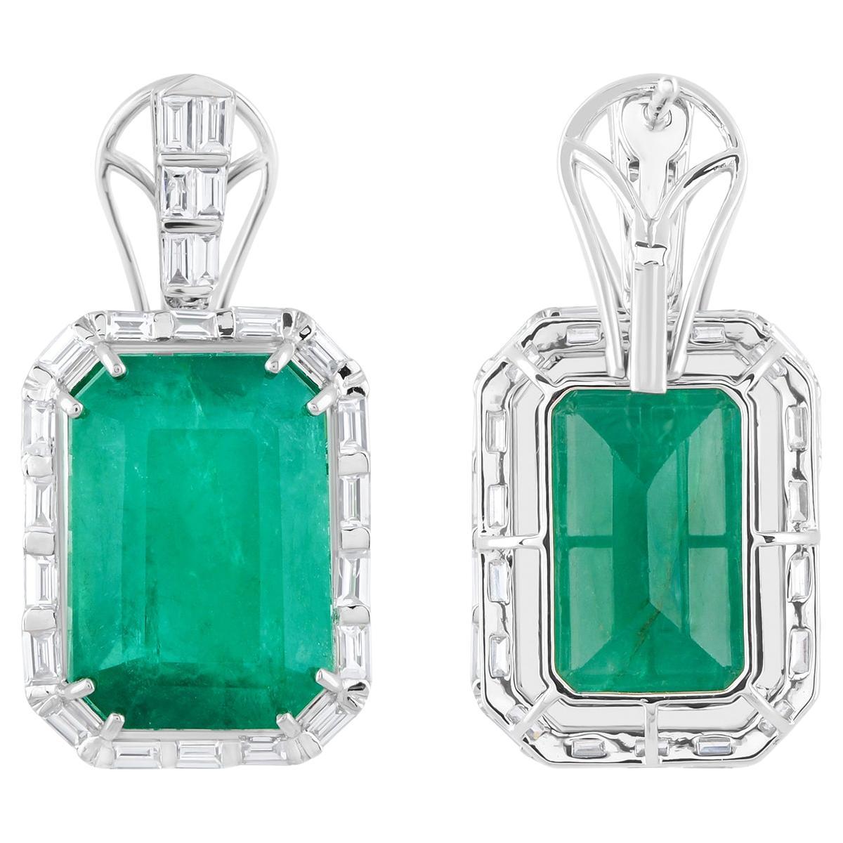 Real Zambian Emerald Gemstone Earrings Diamond 14 Karat White Gold Fine Jewelry For Sale