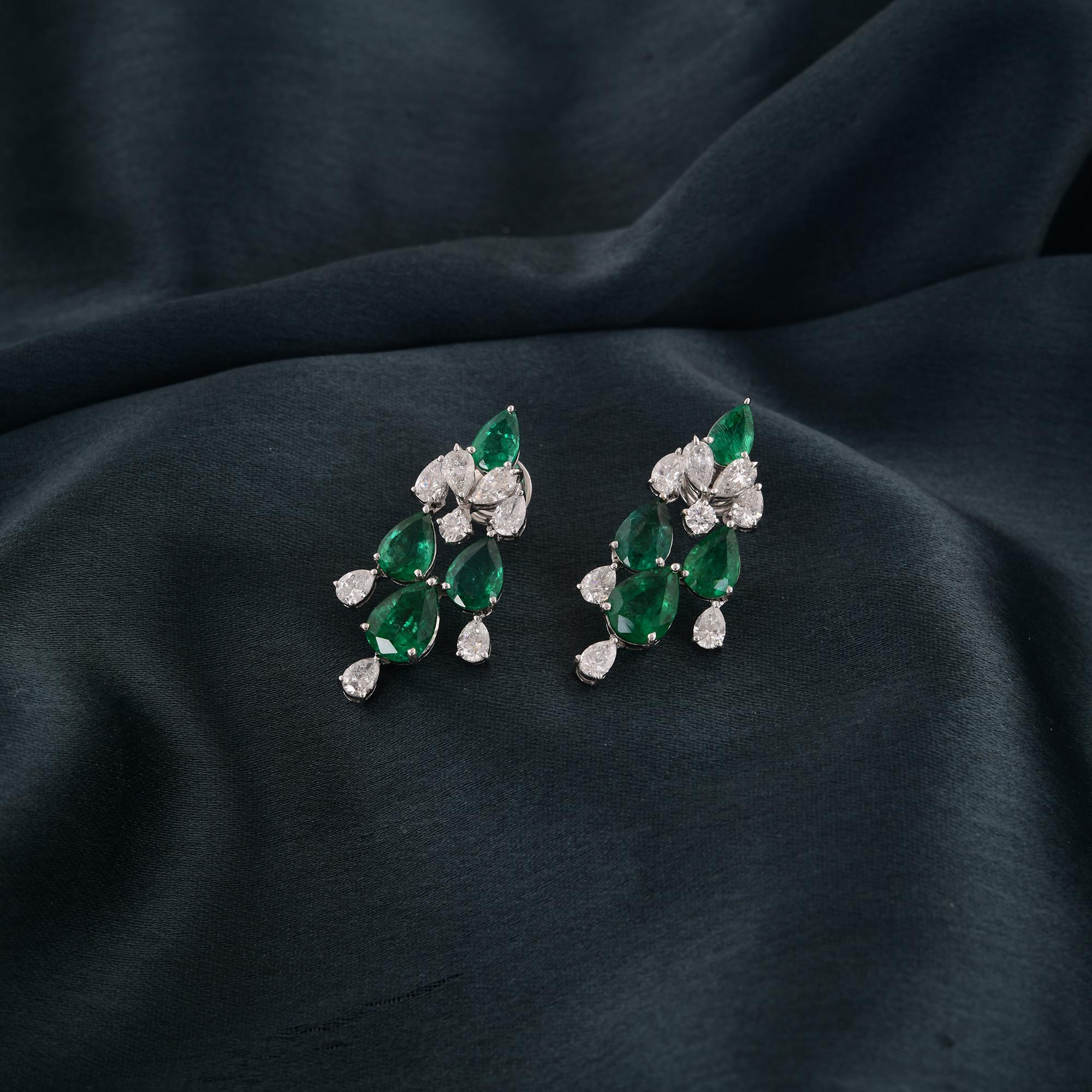 Modern Real Zambian Emerald Gemstone Earrings Diamond 18 Karat White Gold Fine Jewelry For Sale