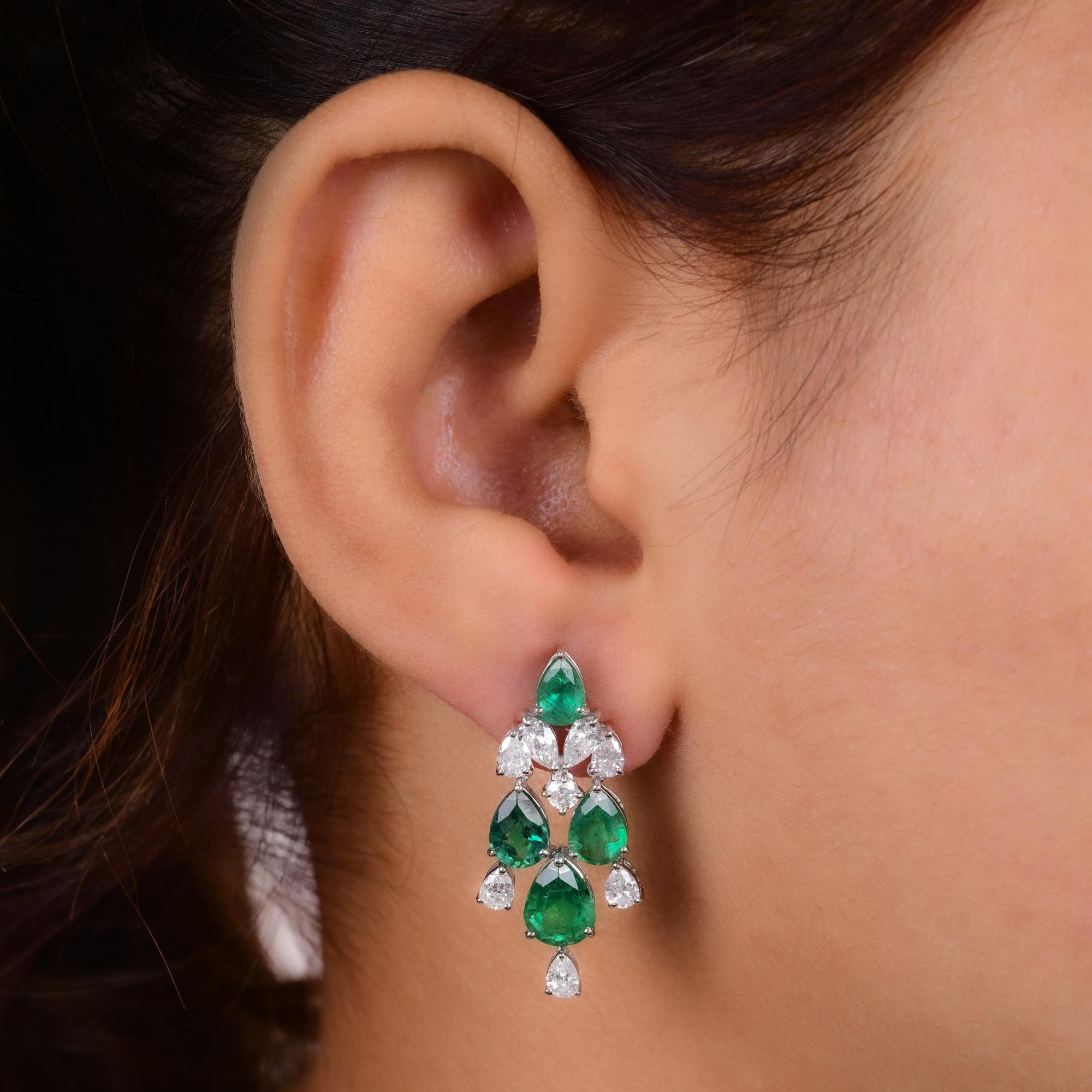 Pear Cut Real Zambian Emerald Gemstone Earrings Diamond 18 Karat White Gold Fine Jewelry For Sale
