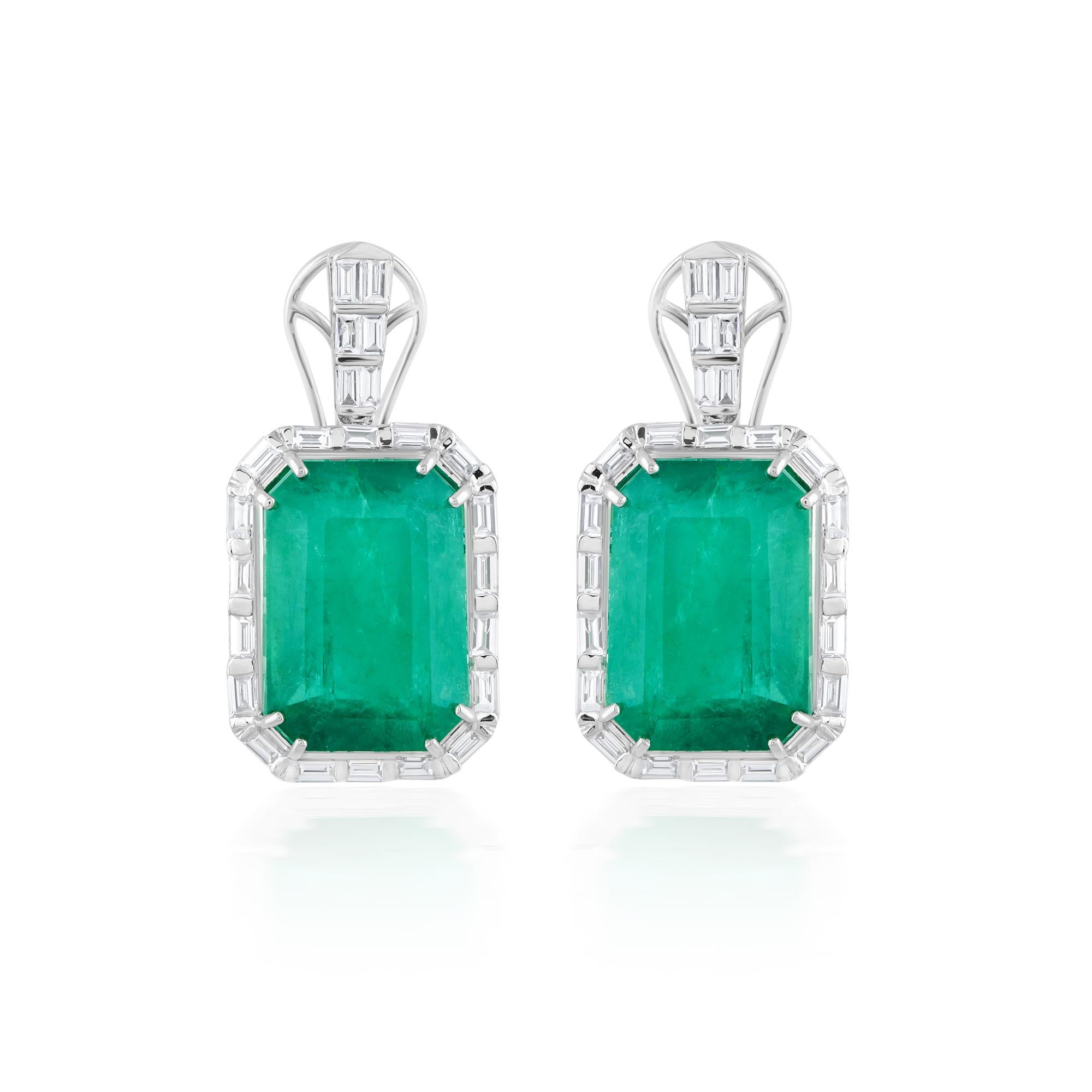 Women's Real Zambian Emerald Gemstone Earrings Diamond 18 Karat White Gold Fine Jewelry For Sale