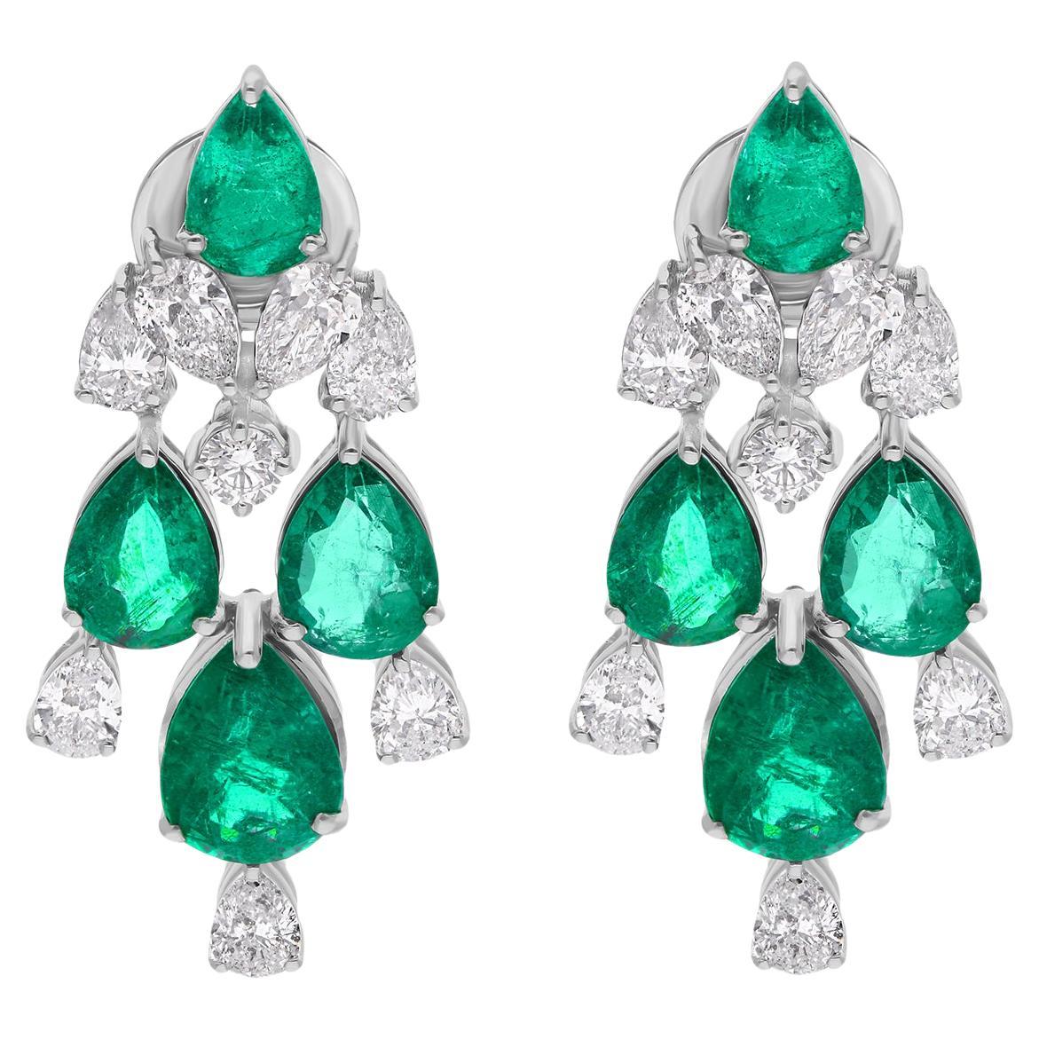 Real Zambian Emerald Gemstone Earrings Diamond 18 Karat White Gold Fine Jewelry For Sale