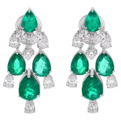 Real Zambian Emerald Gemstone Earrings Diamond 18 Karat White Gold Fine Jewelry