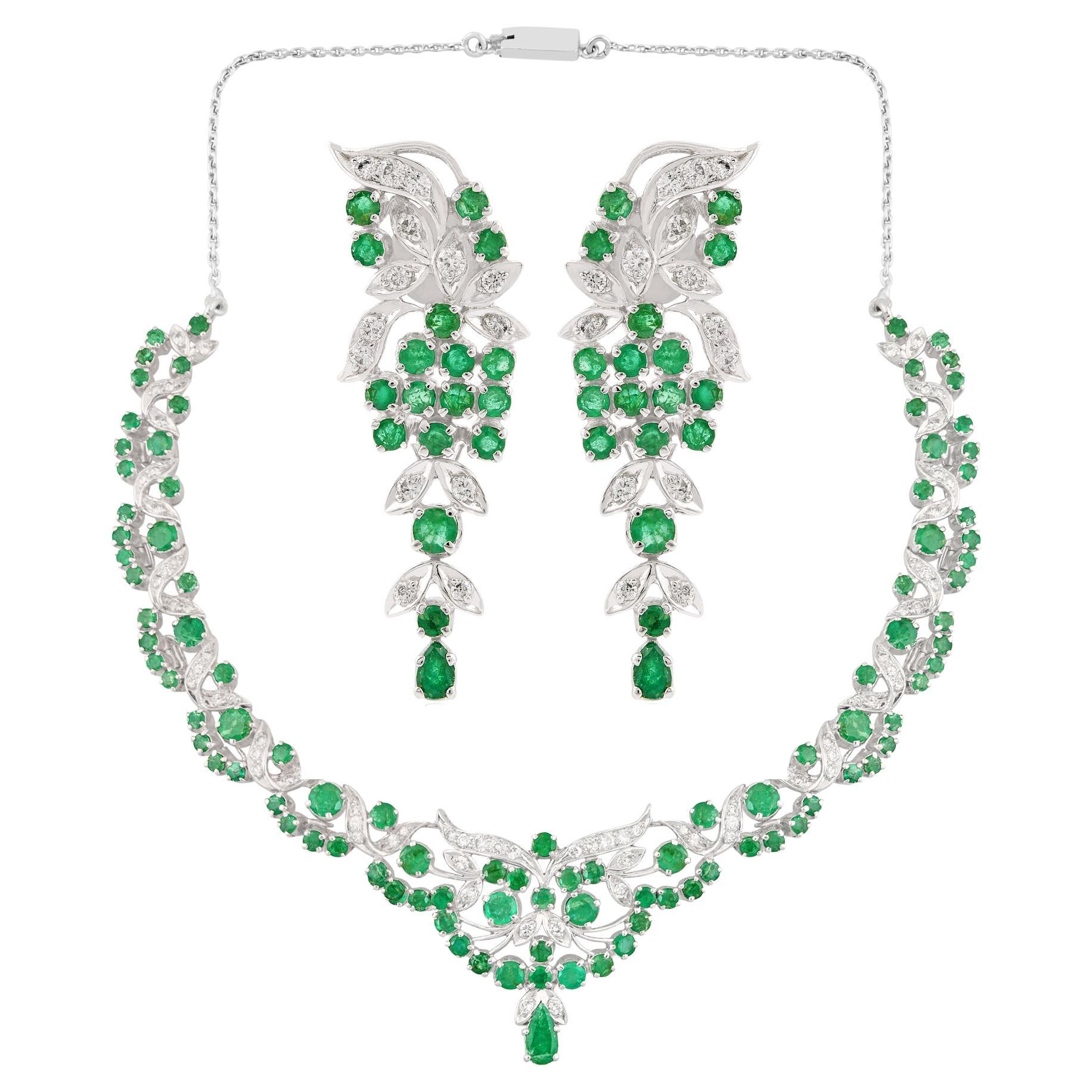 Natural Emerald Gemstone Earrings Necklace Set Diamond Silver Fine Jewelry For Sale