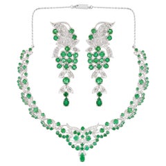 Used Natural Emerald Gemstone Earrings Necklace Set Diamond Silver Fine Jewelry
