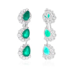 Real Zambian Emerald Gemstone Earrings Pear Diamond 14 Karat White Gold Jewelry