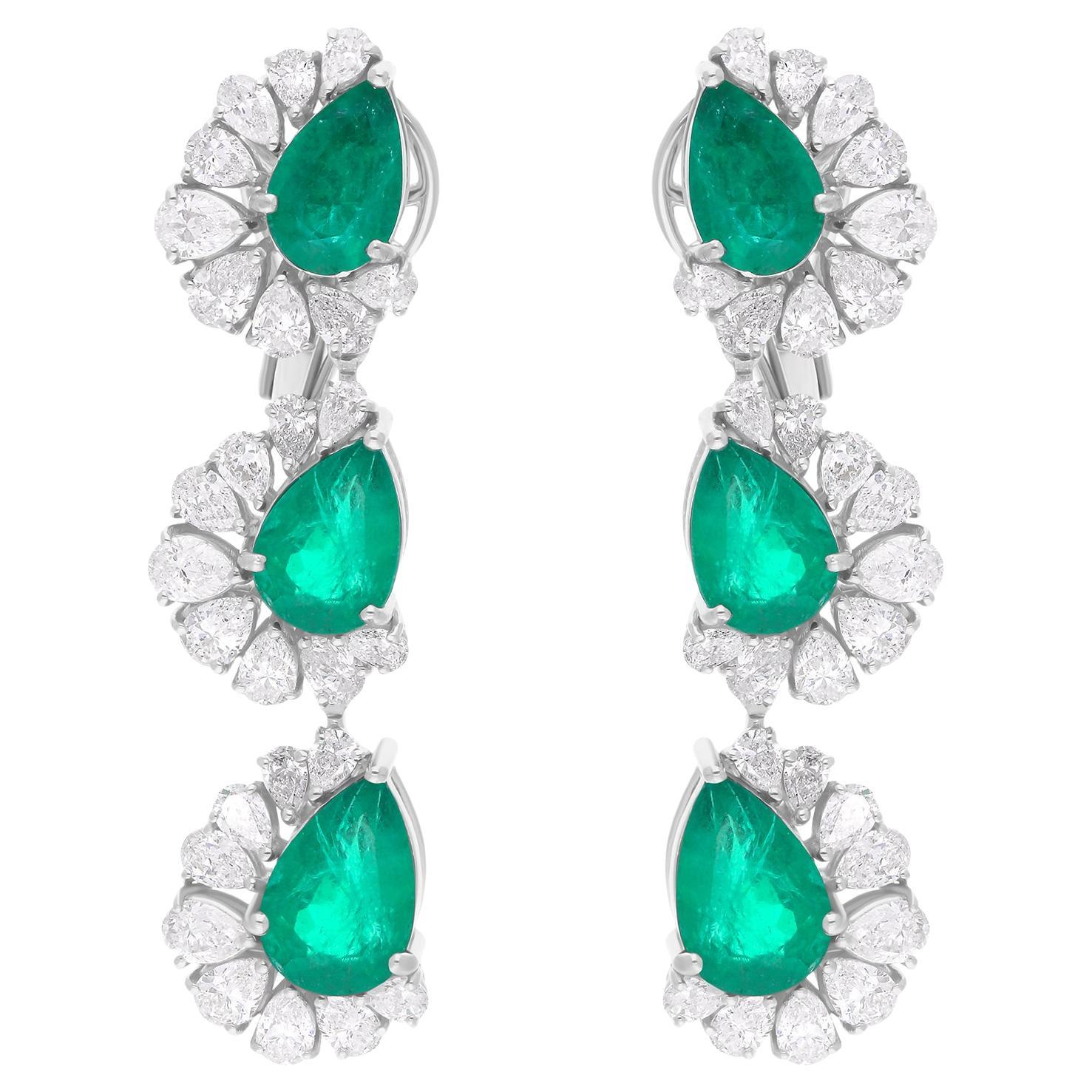 Pendientes de esmeralda auténtica de Zambia Diamante pera Joyas de oro blanco de 14 quilates