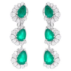 Pendientes de esmeralda auténtica de Zambia Diamante pera Joyas de oro blanco de 14 quilates