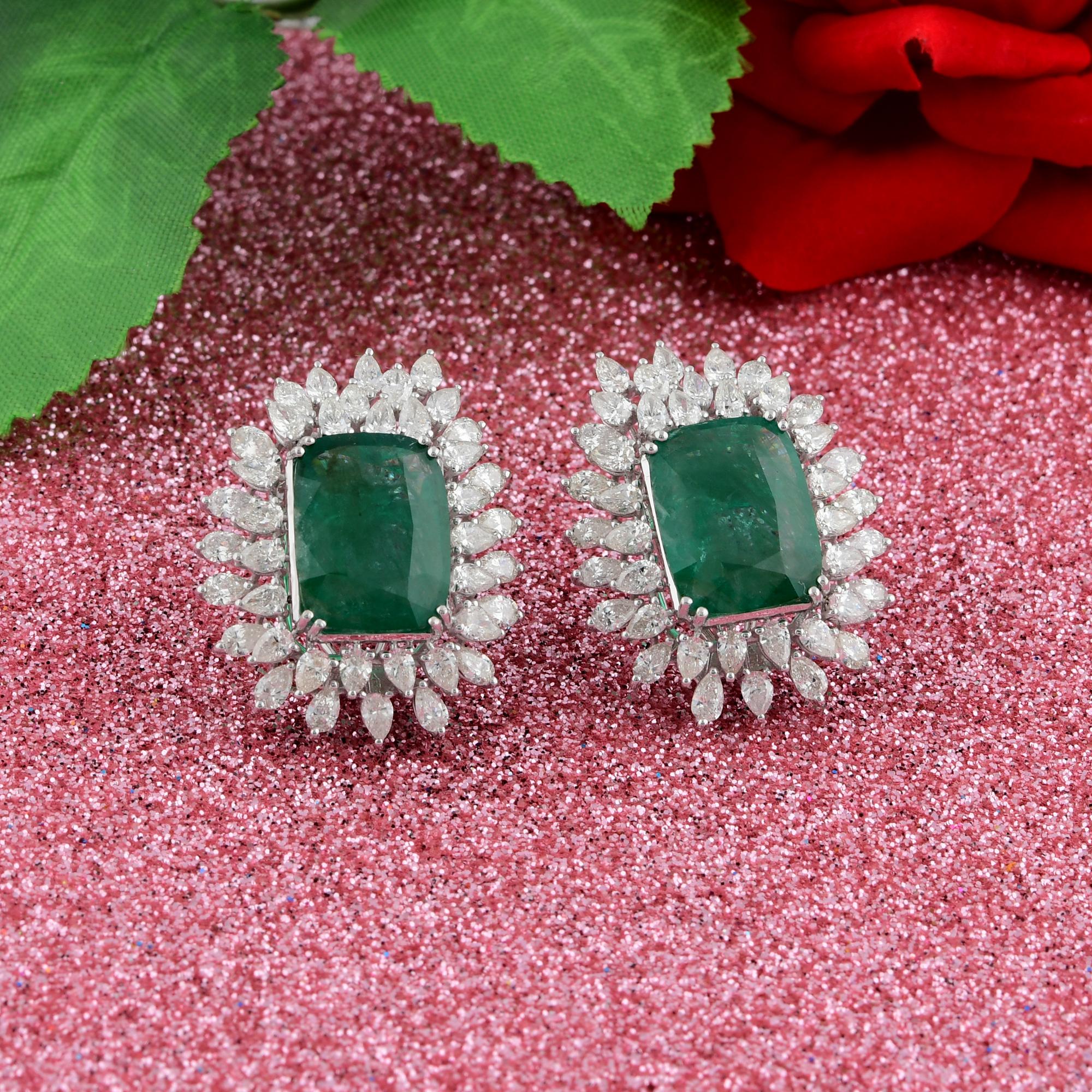 Emerald Cut Natural Emerald Gemstone Earrings Pear Diamond 18 Karat White Gold Fine Jewelry For Sale