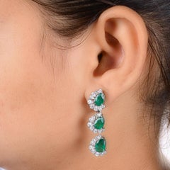 Real Zambian Emerald Gemstone Earrings Pear Diamond 18 Karat White Gold Jewelry