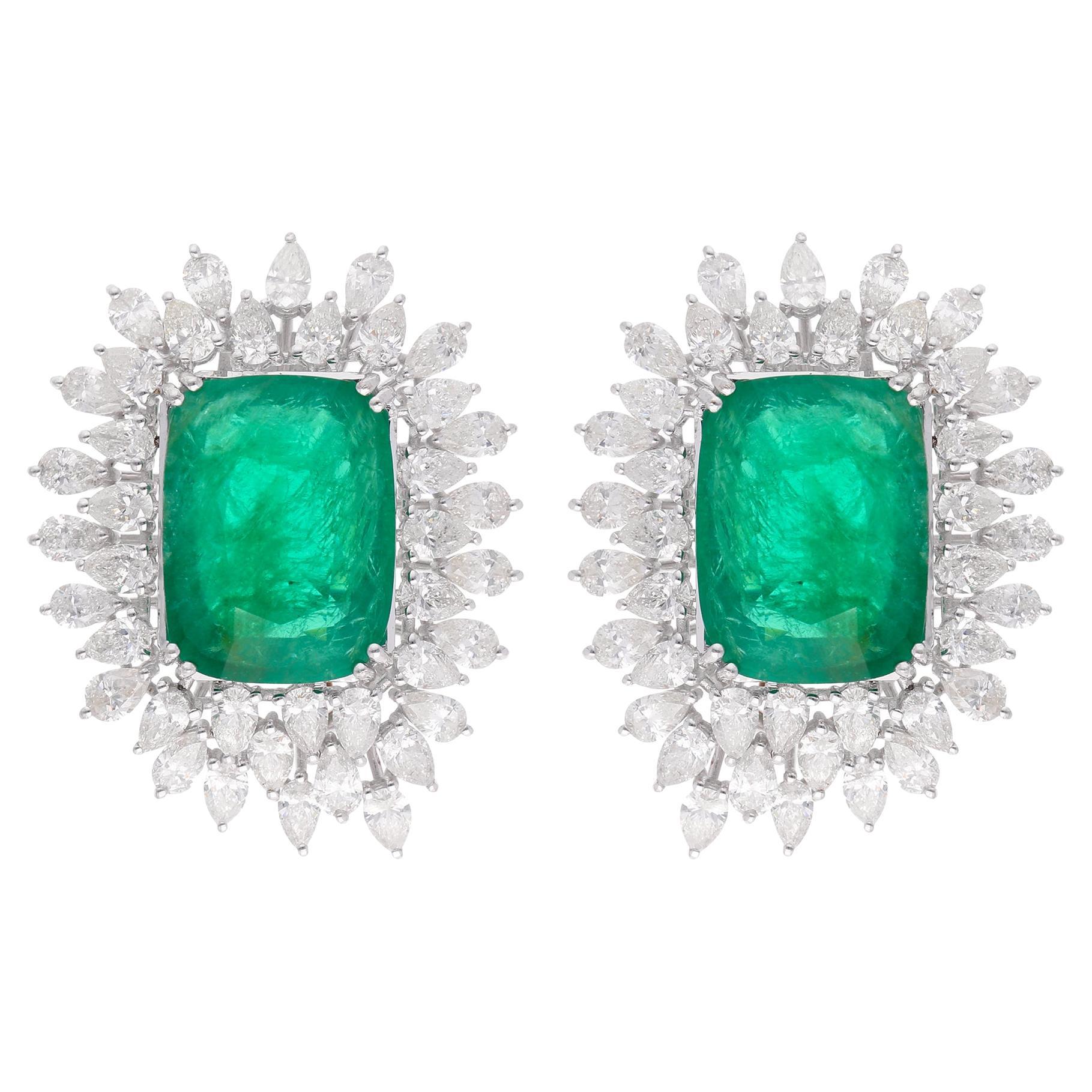 Natürlicher Smaragd Edelstein Ohrringe Birne Diamant 18 Karat Weißgold Feine Juwelen