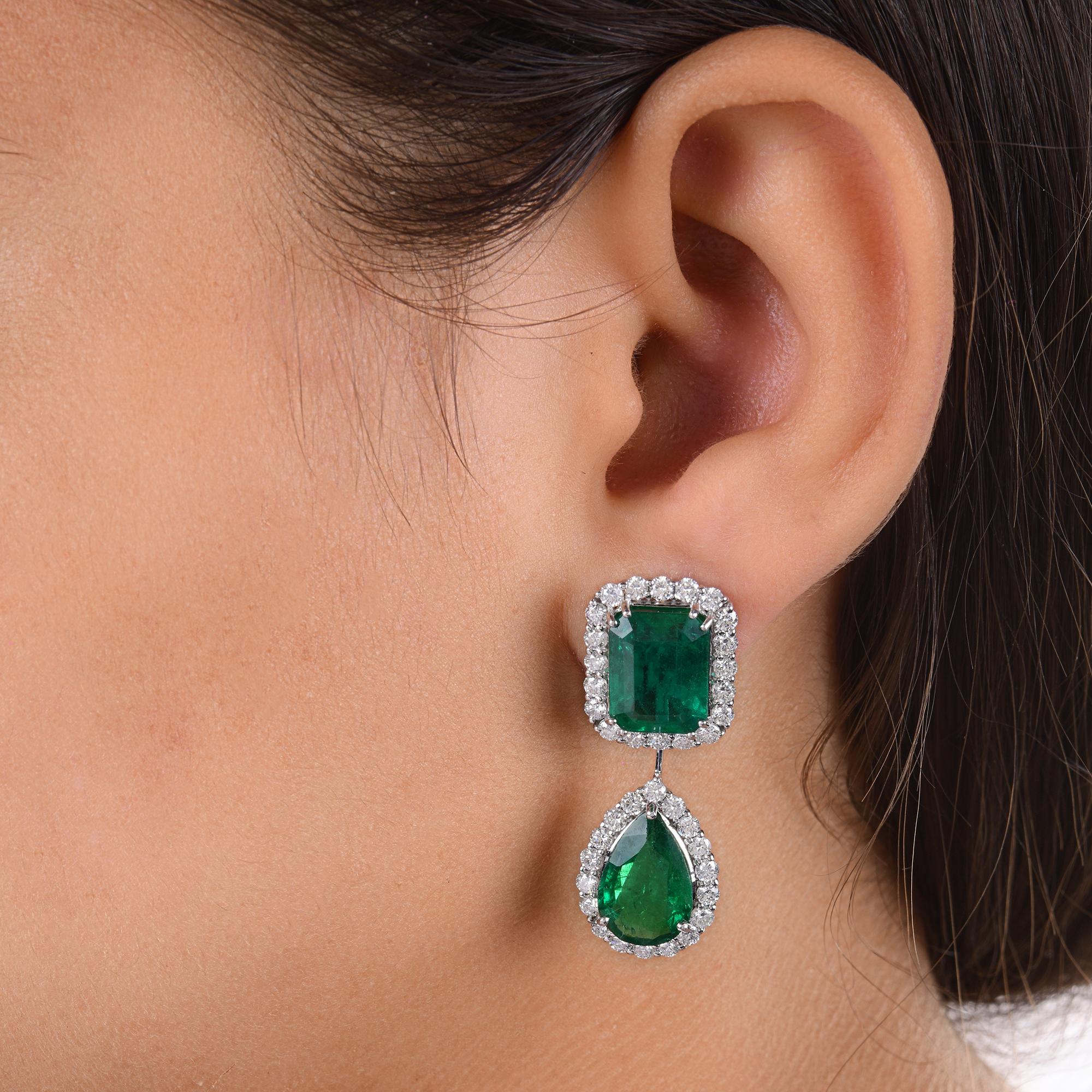 Modern Real Zambian Emerald Gemstone Earrings Round Diamond 18 Karat White Gold Jewelry For Sale
