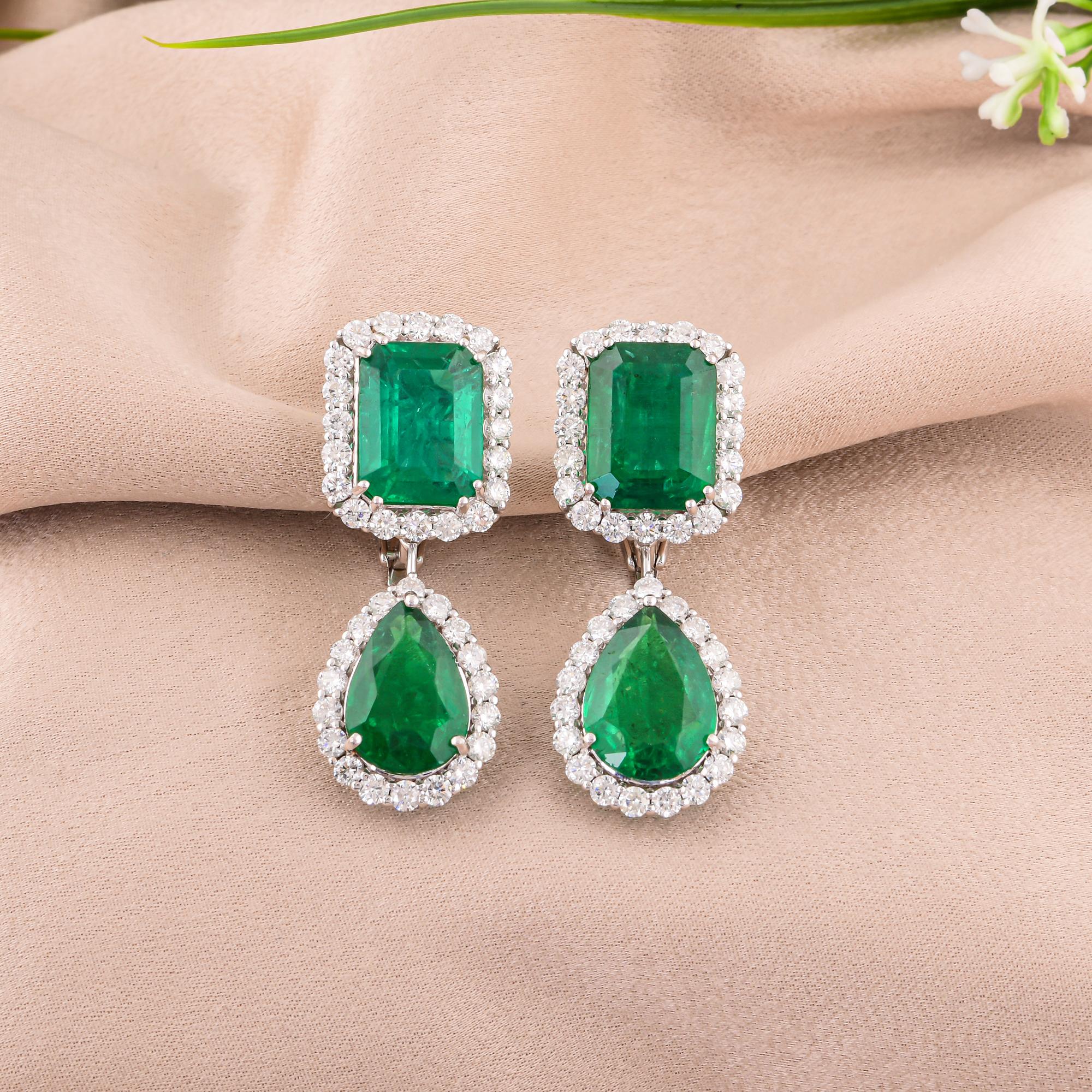 Pear Cut Real Zambian Emerald Gemstone Earrings Round Diamond 18 Karat White Gold Jewelry For Sale