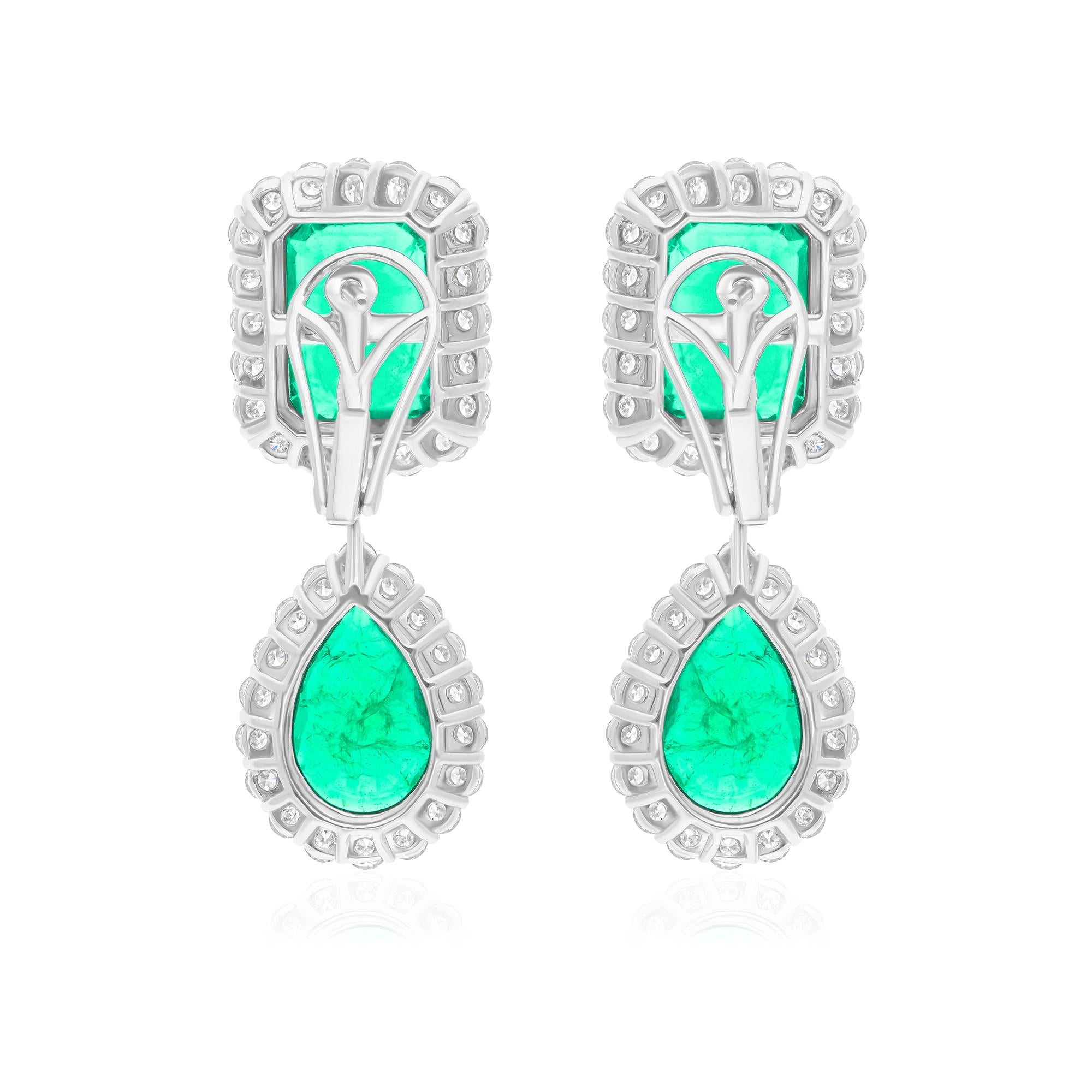 Real Zambian Emerald Gemstone Earrings Round Diamond 18 Karat White Gold Jewelry In New Condition For Sale In Diera, Dubai