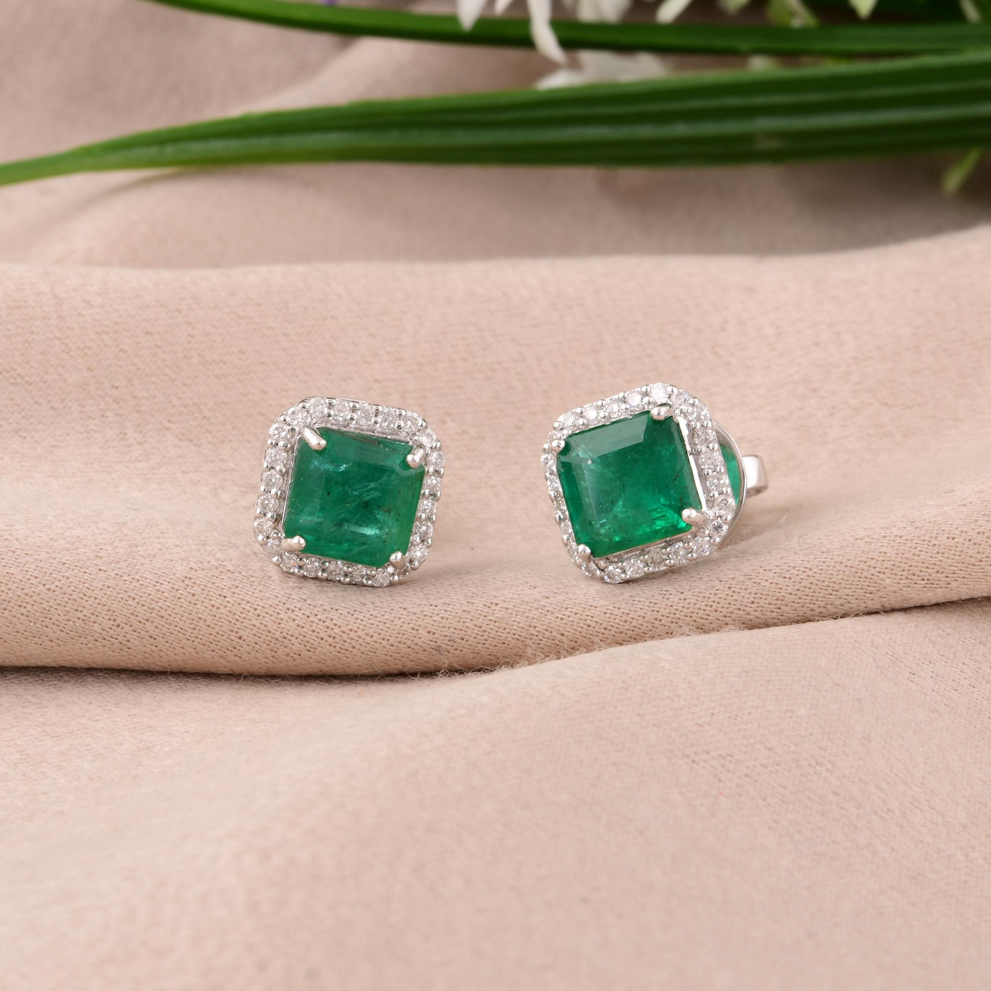 Emerald Cut Real Zambian Emerald Gemstone Earrings SI/H Diamond 14 Karat White Gold Jewelry For Sale