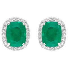 Real Zambian Emerald Gemstone Earrings SI/H Diamond 14 Karat White Gold Jewelry