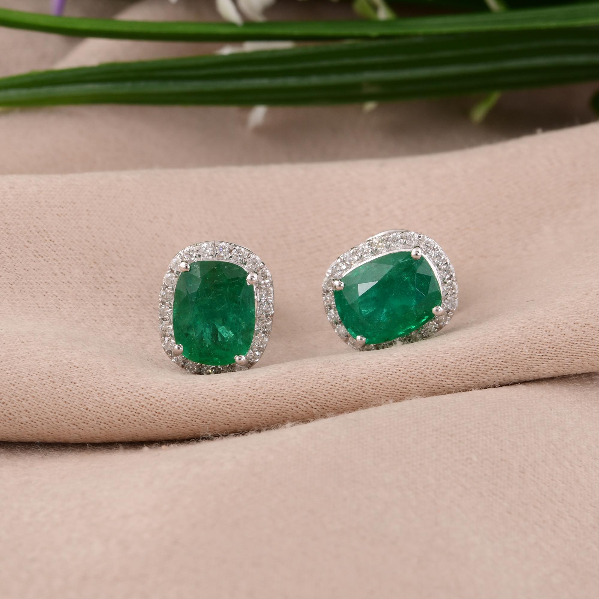 Cushion Cut Real Zambian Emerald Gemstone Earrings SI/H Diamond 18 Karat White Gold Jewelry For Sale