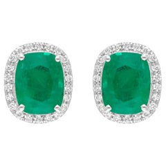 Real Zambian Emerald Gemstone Earrings SI/H Diamond 18 Karat White Gold Jewelry