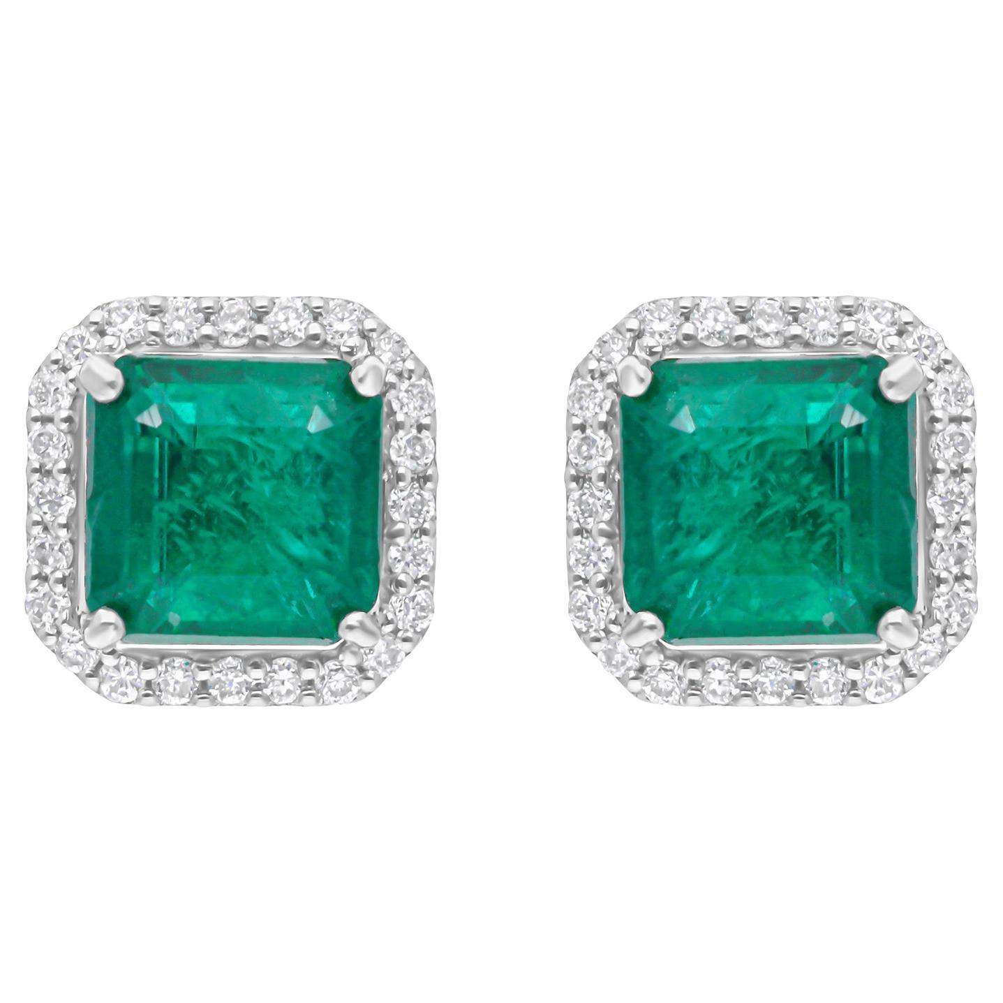 Pendientes de esmeralda auténtica de Zambia SI/H Diamante Joyas de oro blanco de 18 quilates