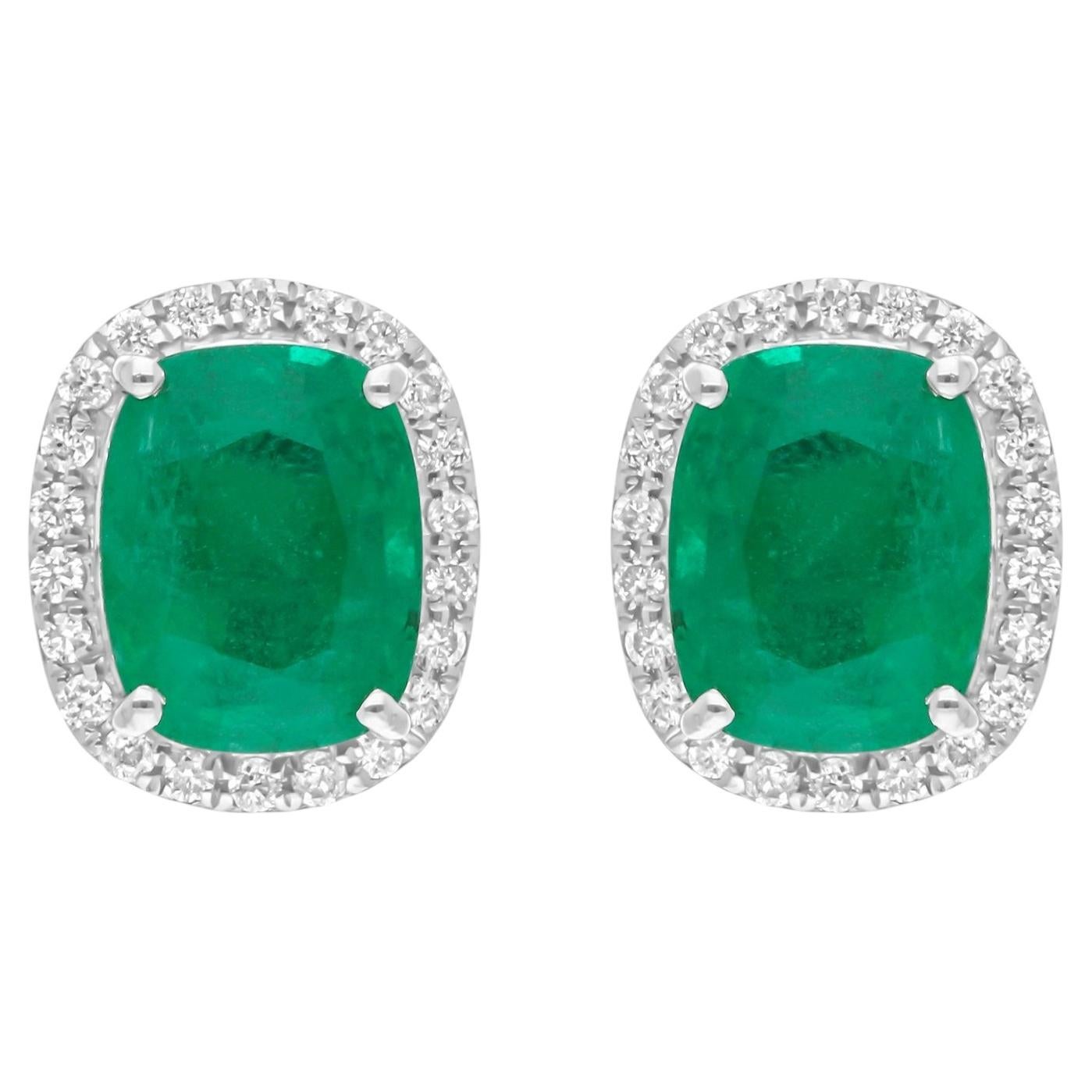 Real Zambian Emerald Gemstone Earrings SI/H Diamond 18 Karat White Gold Jewelry