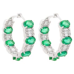 Pendientes de aro de esmeralda auténtica de Zambia Diamante Joyería de oro blanco de 14 quilates