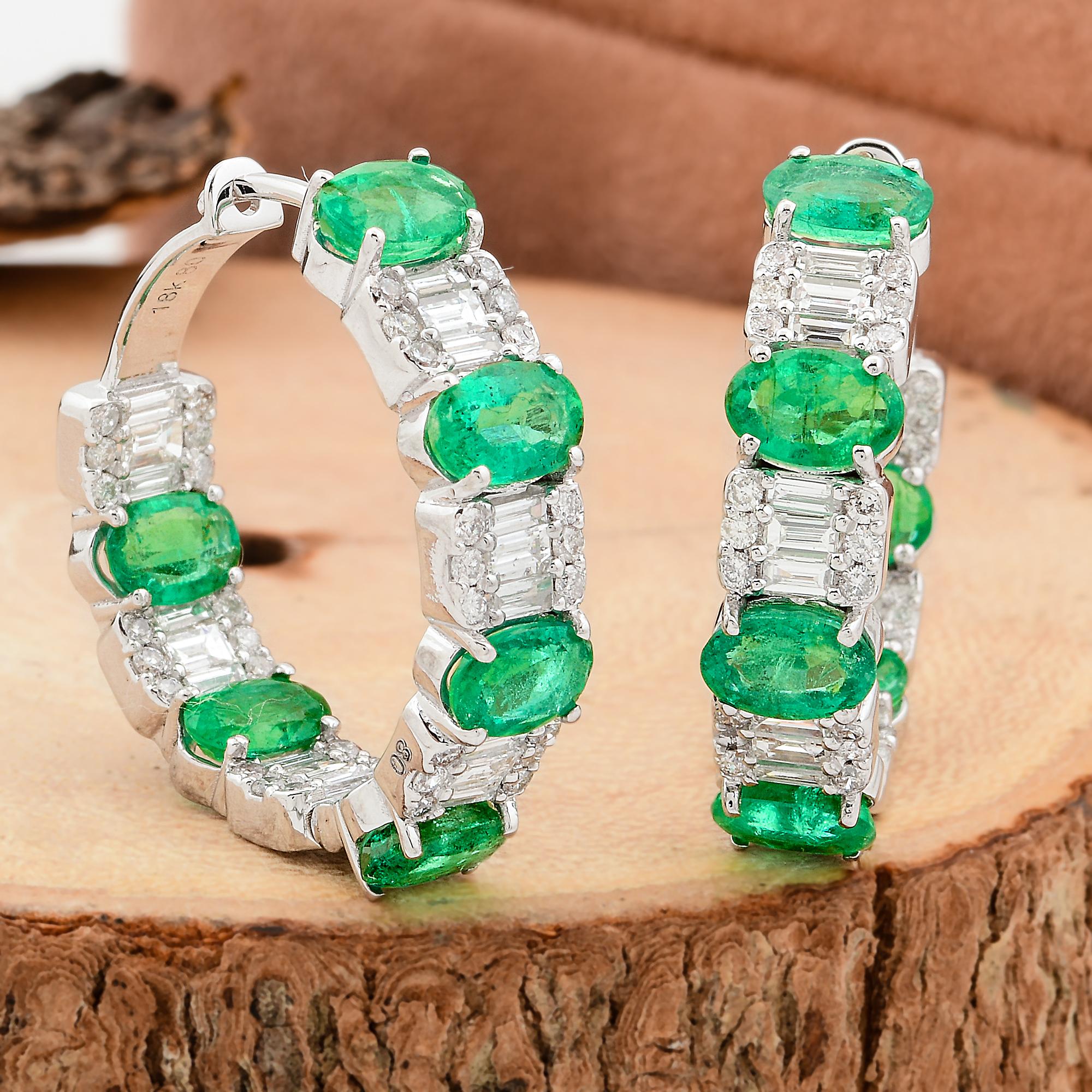 Modern Real Zambian Emerald Gemstone Hoop Earrings Diamond 18 Karat White Gold Jewelry For Sale