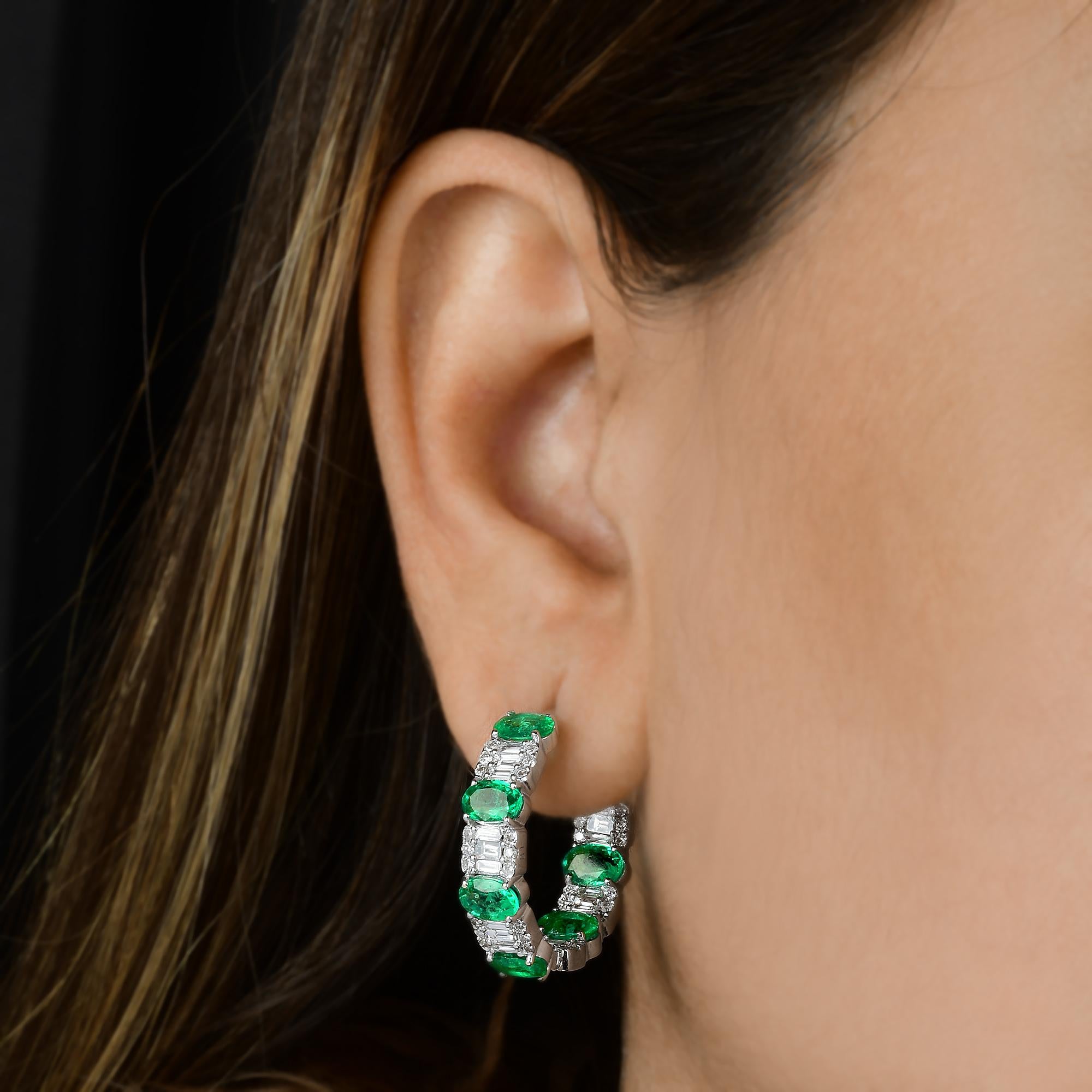 Oval Cut Real Zambian Emerald Gemstone Hoop Earrings Diamond 18 Karat White Gold Jewelry For Sale
