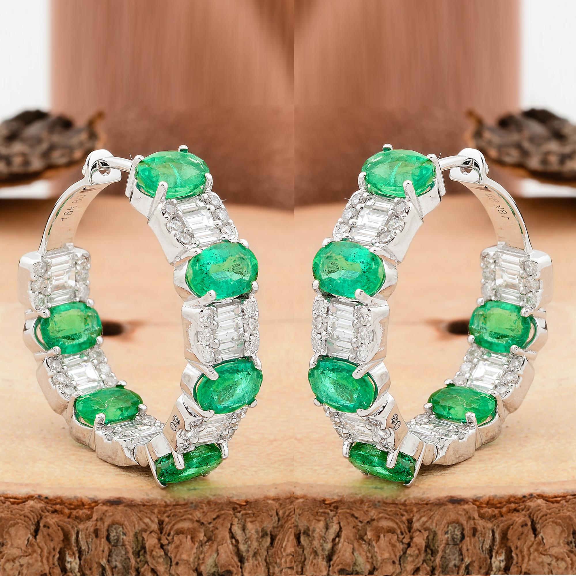 Women's Real Zambian Emerald Gemstone Hoop Earrings Diamond 18 Karat White Gold Jewelry For Sale