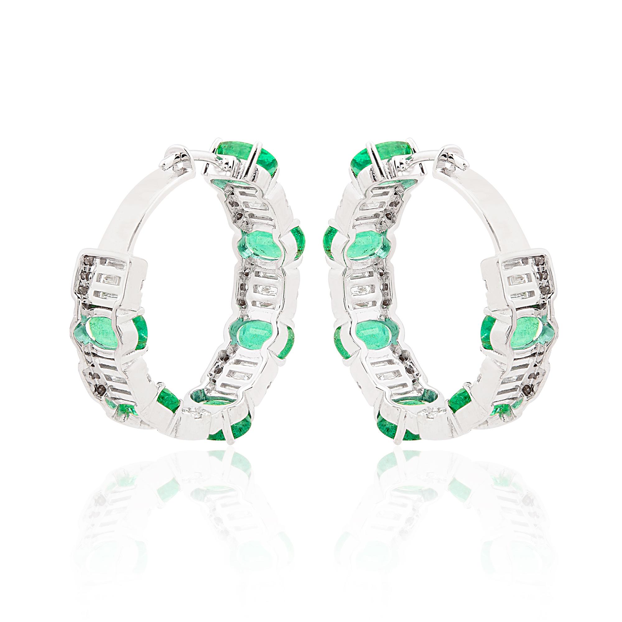 Real Zambian Emerald Gemstone Hoop Earrings Diamond 18 Karat White Gold Jewelry For Sale 1