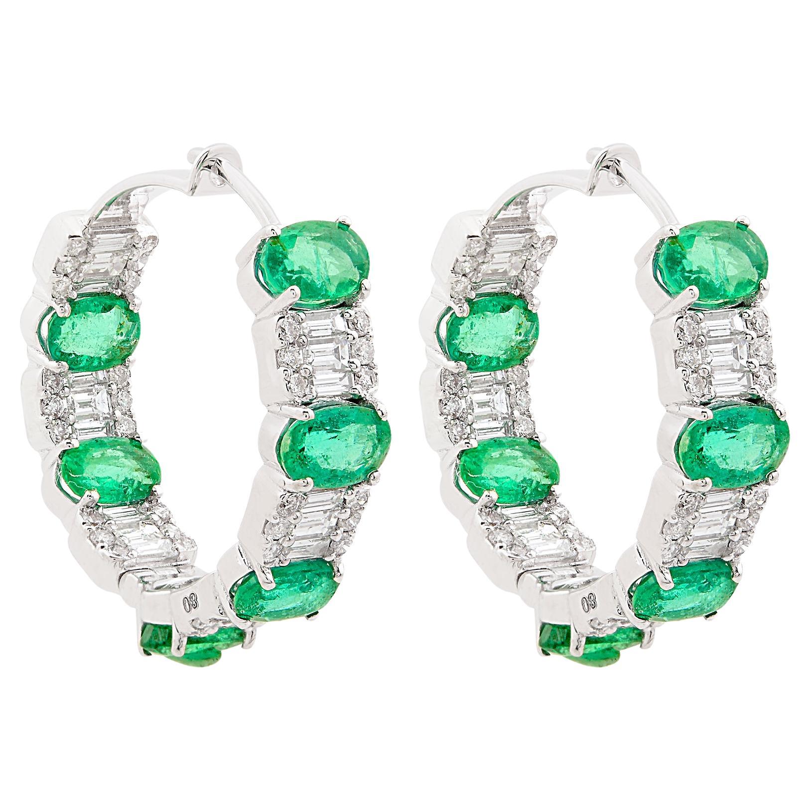 Real Zambian Emerald Gemstone Hoop Earrings Diamond 18 Karat White Gold Jewelry For Sale