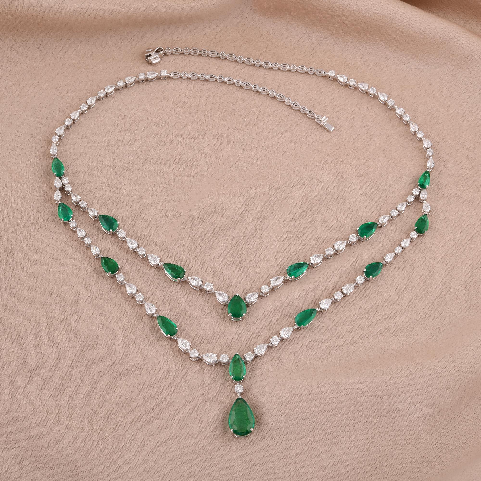 Modern Zambian Emerald Necklace SI/H Brilliant Cut Diamond 10 Karat White Gold Jewelry For Sale