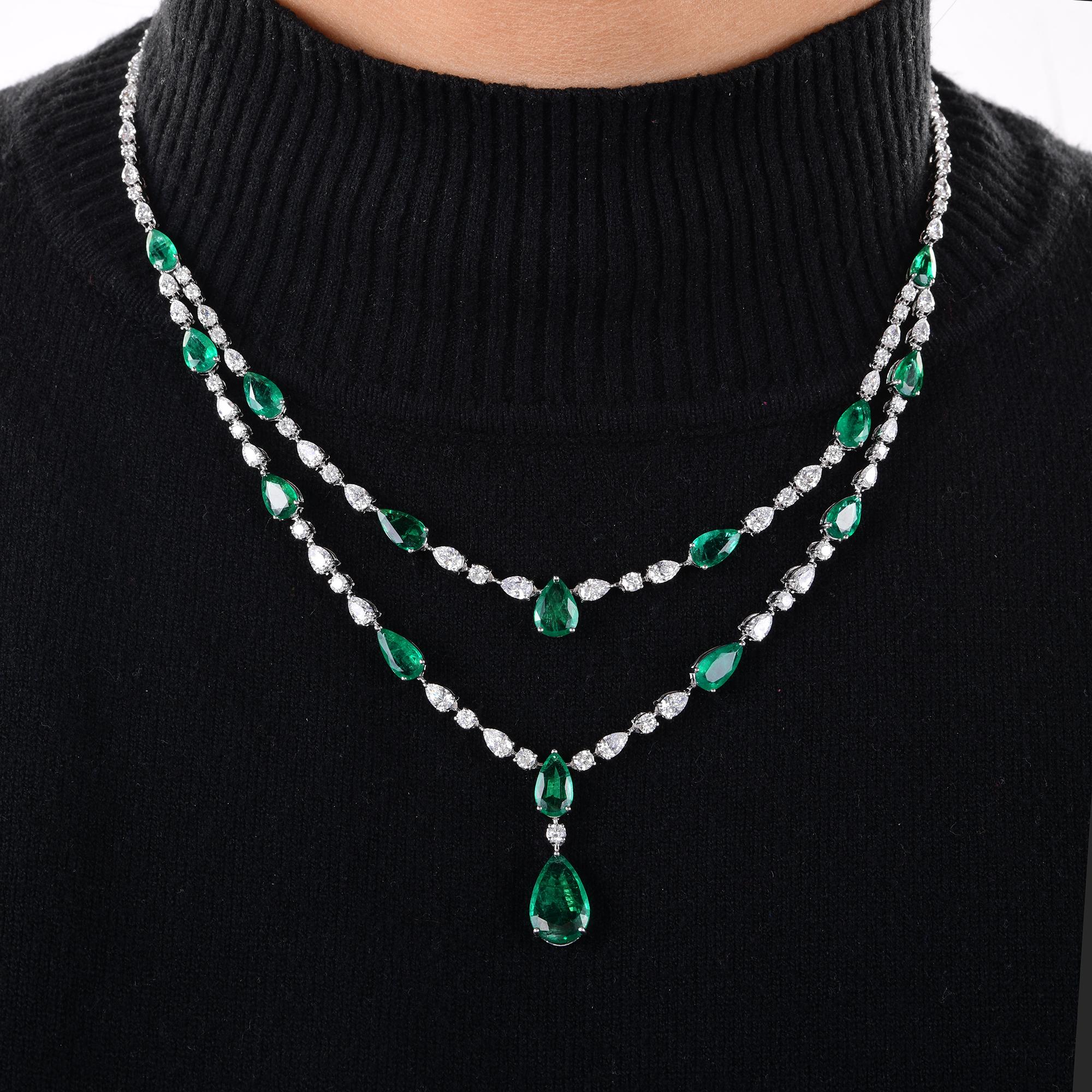Pear Cut Zambian Emerald Necklace SI/H Brilliant Cut Diamond 10 Karat White Gold Jewelry For Sale