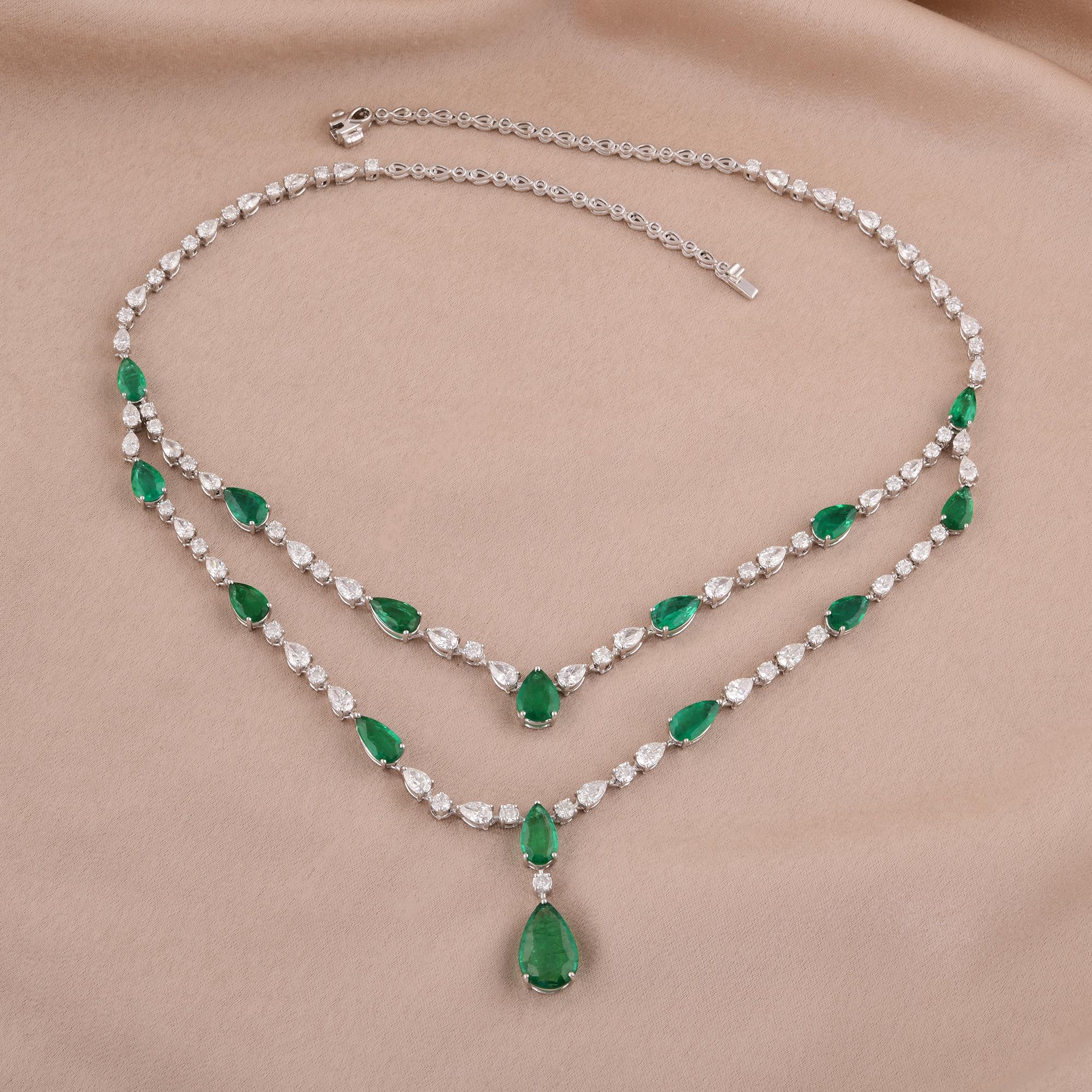 Modern Real Zambian Emerald Gemstone Necklace Diamond 14 Karat White Gold Fine Jewelry For Sale
