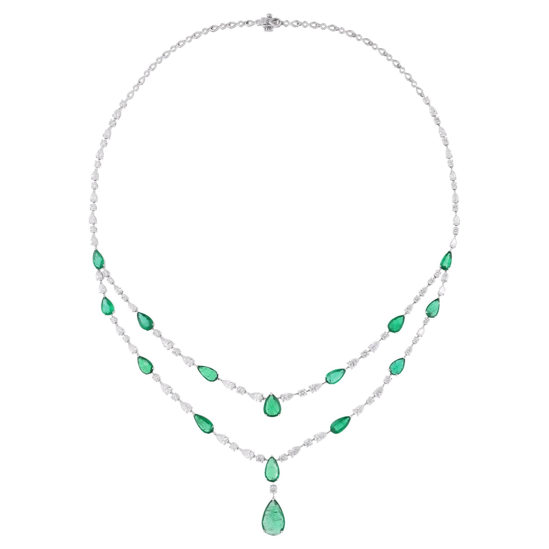 Real Zambian Emerald Gemstone Necklace Diamond 18 Karat White Gold Fine Jewelry