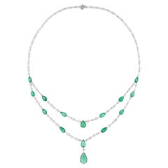 Real Zambian Emerald Gemstone Necklace Diamond 18 Karat White Gold Fine Jewelry