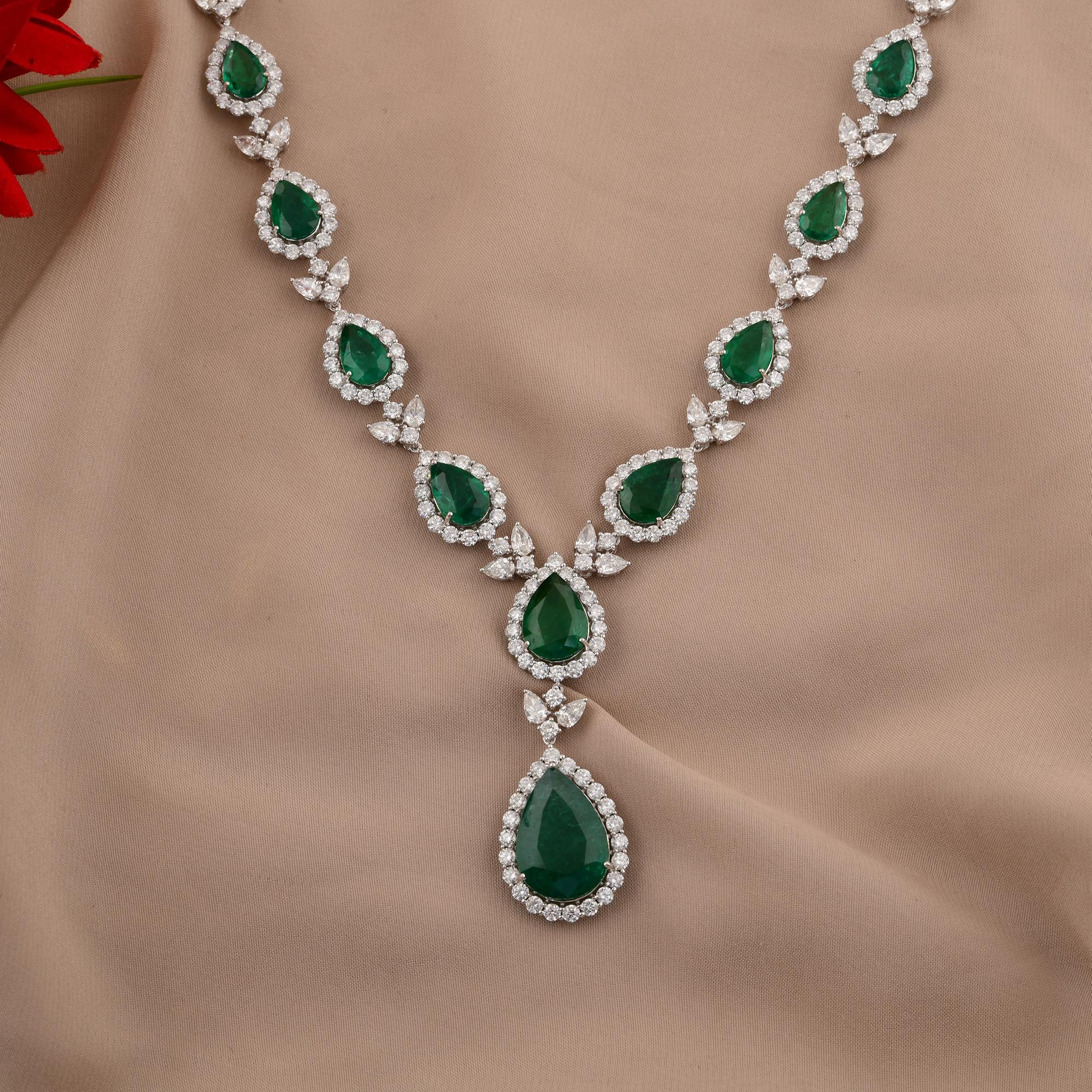 Pear Cut Real Zambian Emerald Gemstone Necklace SI/H Diamond 14 Karat White Gold Jewelry For Sale