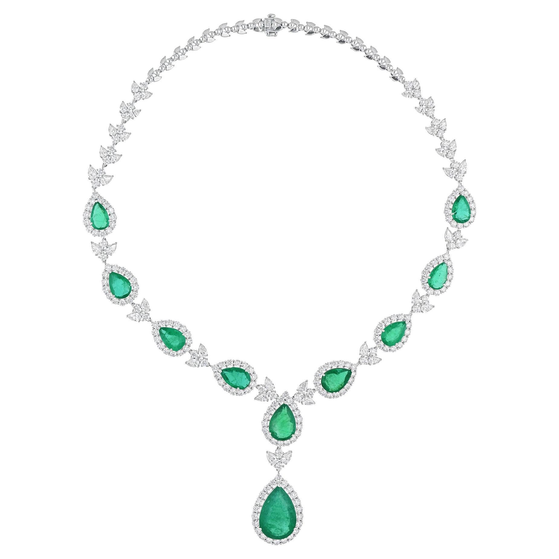 Real Zambian Emerald Gemstone Necklace SI/H Diamond 14 Karat White Gold Jewelry