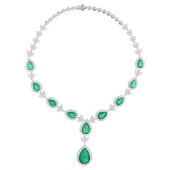 Real Zambian Emerald Gemstone Necklace SI/H Diamond 14 Karat White Gold Jewelry