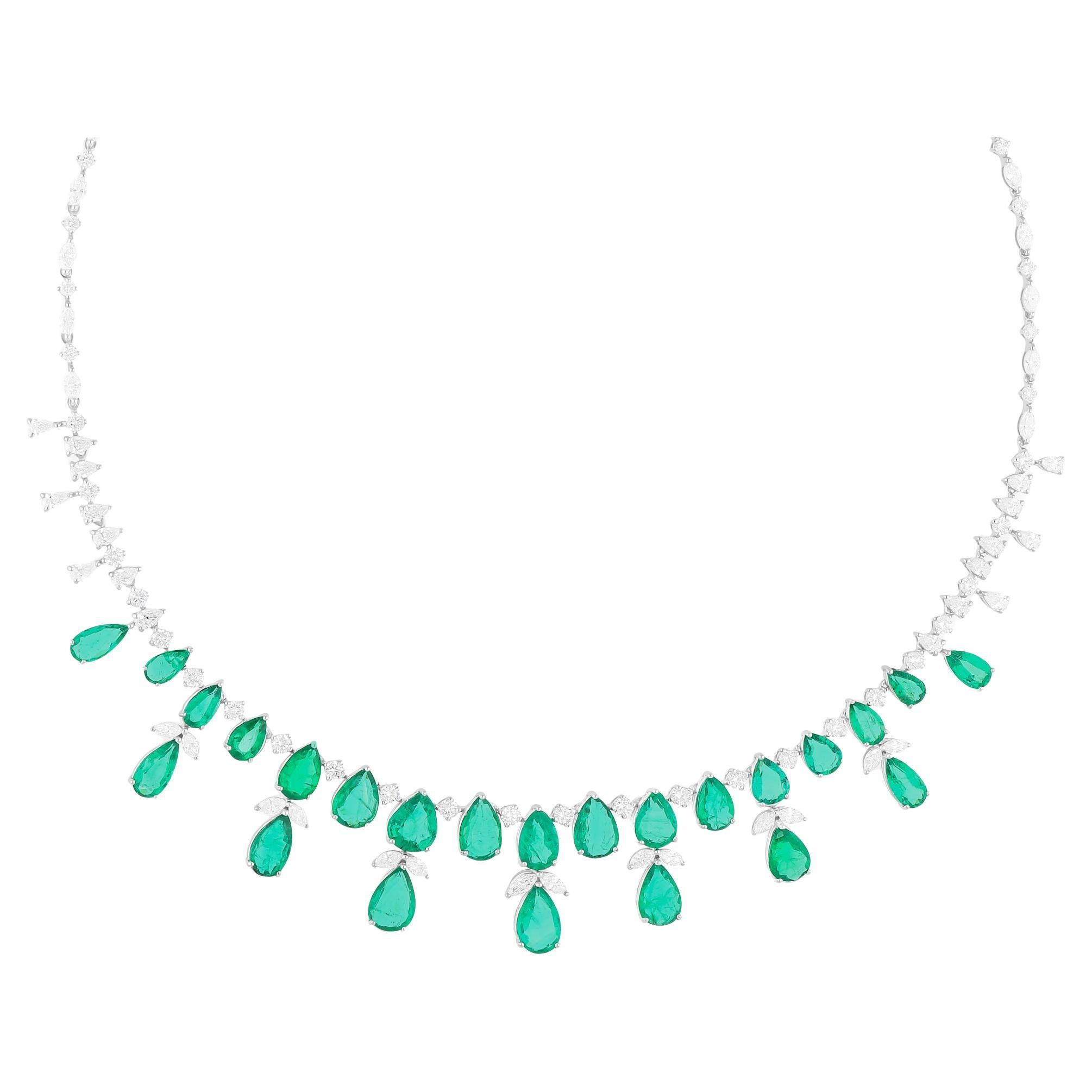 Real Zambian Emerald Gemstone Necklace SI/H Diamond 14 Karat White Gold Jewelry For Sale