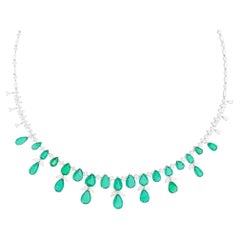Real Zambian Emerald Gemstone Necklace SI/H Diamond 14 Karat White Gold Jewelry